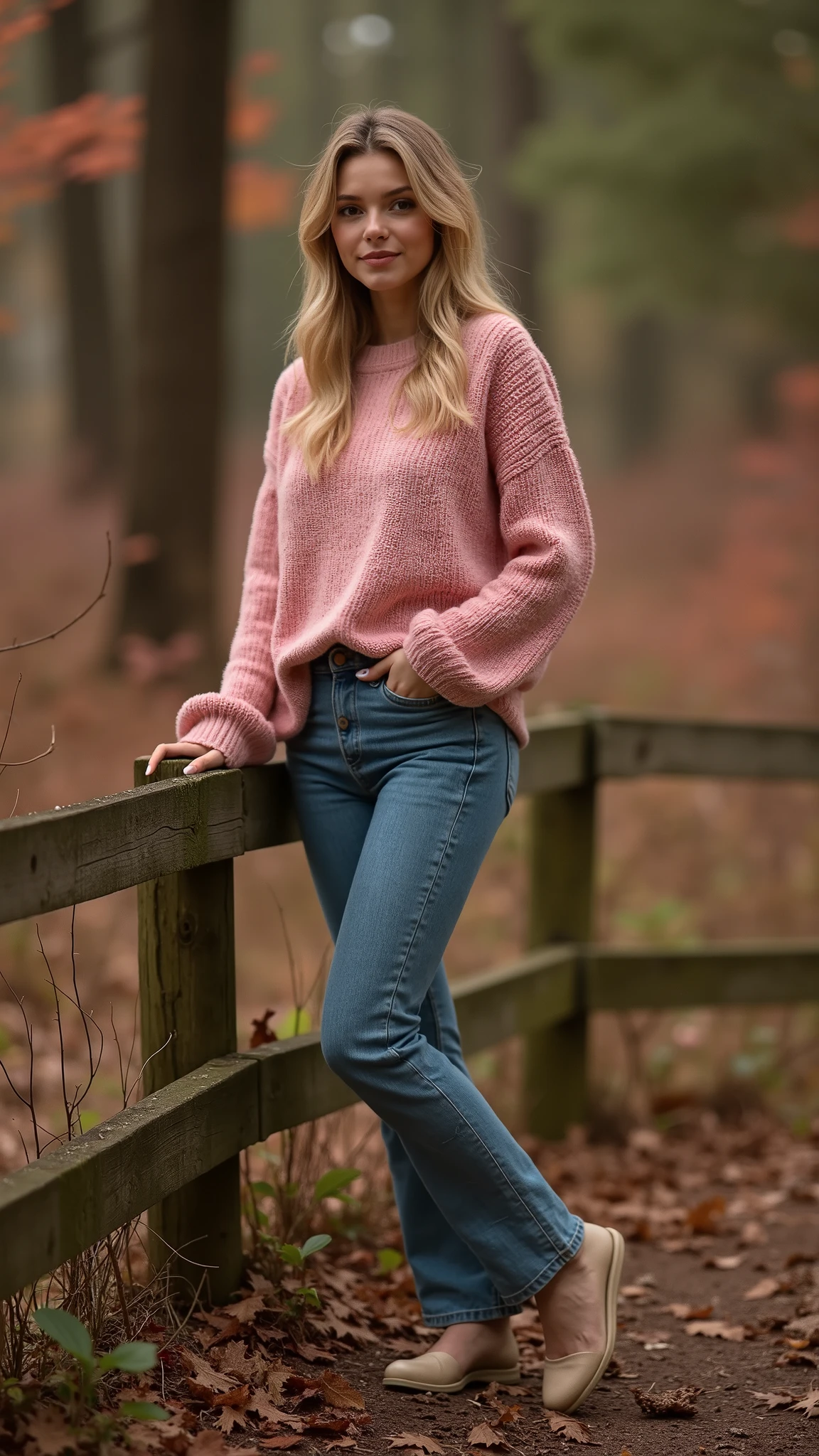 High quality detailed photo of young nice european woman leaning on a fence in a pink sweater and jeans, wearing sweater, in pink forest, casual pose, wearing casual sweater, attractive pose, wearing a sweater, pink and grey muted colors, standing in the forrest, standing in the forest, in front of a forest background, enjoying a stroll in the forest, red sweater and gray pants