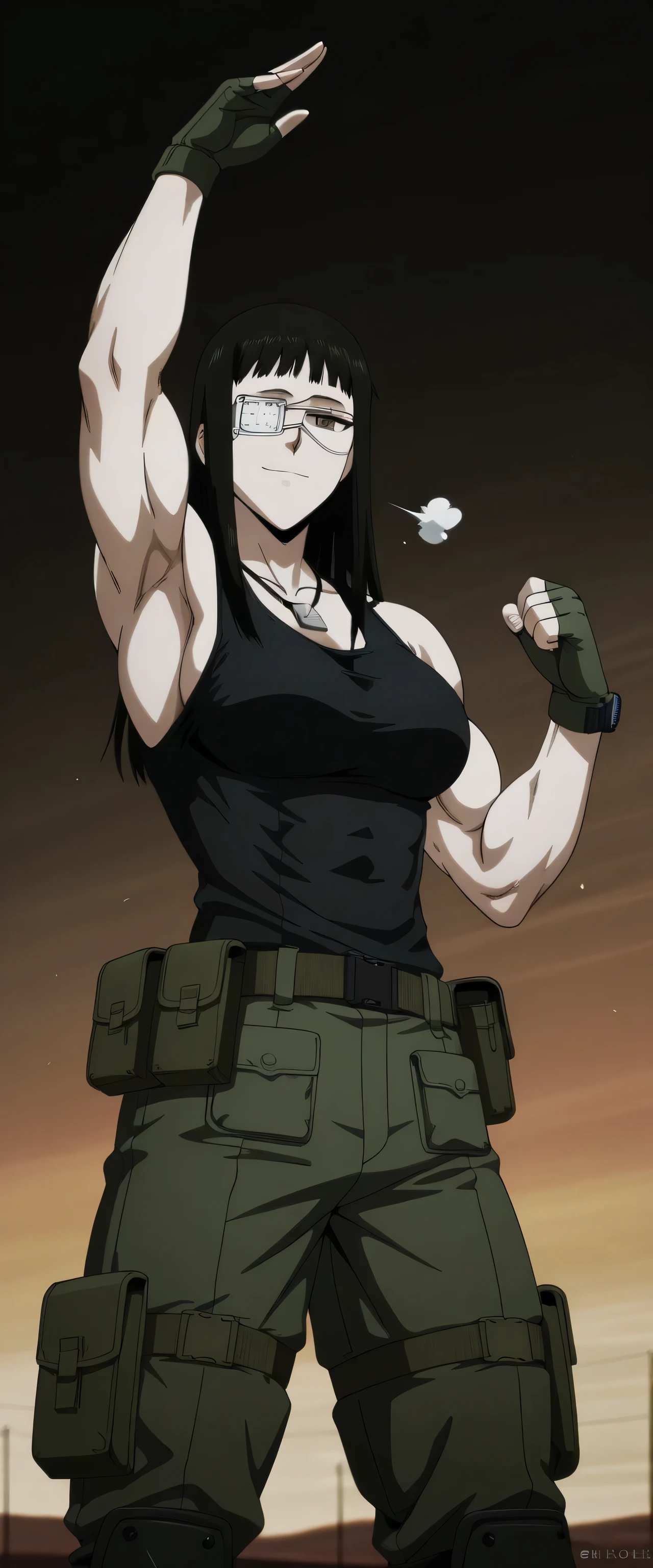 1girl,solo,mm,mature female,black hair,eyepatch,brown eyes,medium breasts,anime coloring,long hair, muscular, black sport Elastic fiber tank top and dark green loose military combat armor trousers with belt,cowboy shot,in military base, ,masterpiece,best quality,amazing quality,,muscles and,muscles lines,muscles big size,pelvis muscles,strength muscles looking,dynamic air,Valmet handsome face,eight-pack,iron muscles,Bulge between legs indicates non erect penis in pants, sporting attractiveness sexual attractiveness,standing in victory pose,sexual muscles,light smile, eight-pack,sexy eight-pack, military vehicles around the base,reviewing from side Valmet,wearing military black combat armor boots,, raise hand up in air,Qblique muscles,serratus anterior muscles,iron pelvis muscles,iron Qblique muscles,iron serratus anterior muscles,sexy pelvis muscles,bluge between valmet legs indicates she have a penis inside her trousers,valmet have a penis,Valmet wearing green military jacket with long sleeves,full wear jacket,Valmet wearing combat green gloves fingerless,Valmet wearing military chains necklace,one hand wearing wristwatch,armpit appear