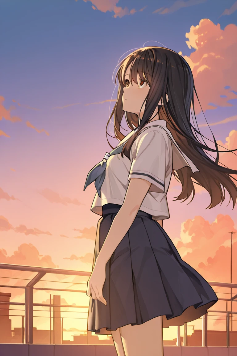, serafuku, kamiyama high \(hyouka\), black skirt, long sleeve, black sailor collar, break looking at viewer, break (masterpiece:1.2), highest quality, High resolution, unity 8k wallpaper, (figure:0.8), (detailed and beautiful eyes:1.6), highly detailed face, perfect lighting, Very detailed CG, (perfect hands, perfect anatomy),((skirt lift:1.1)), ((panties:1.2)), impressionism, professional lighting, blush, smile,at the park,((looking at the viewer:1.3)), ((A 1990s-style painting:1.3)), back view, look back, Show panties, colorful, 1 girl,at the park, evening,