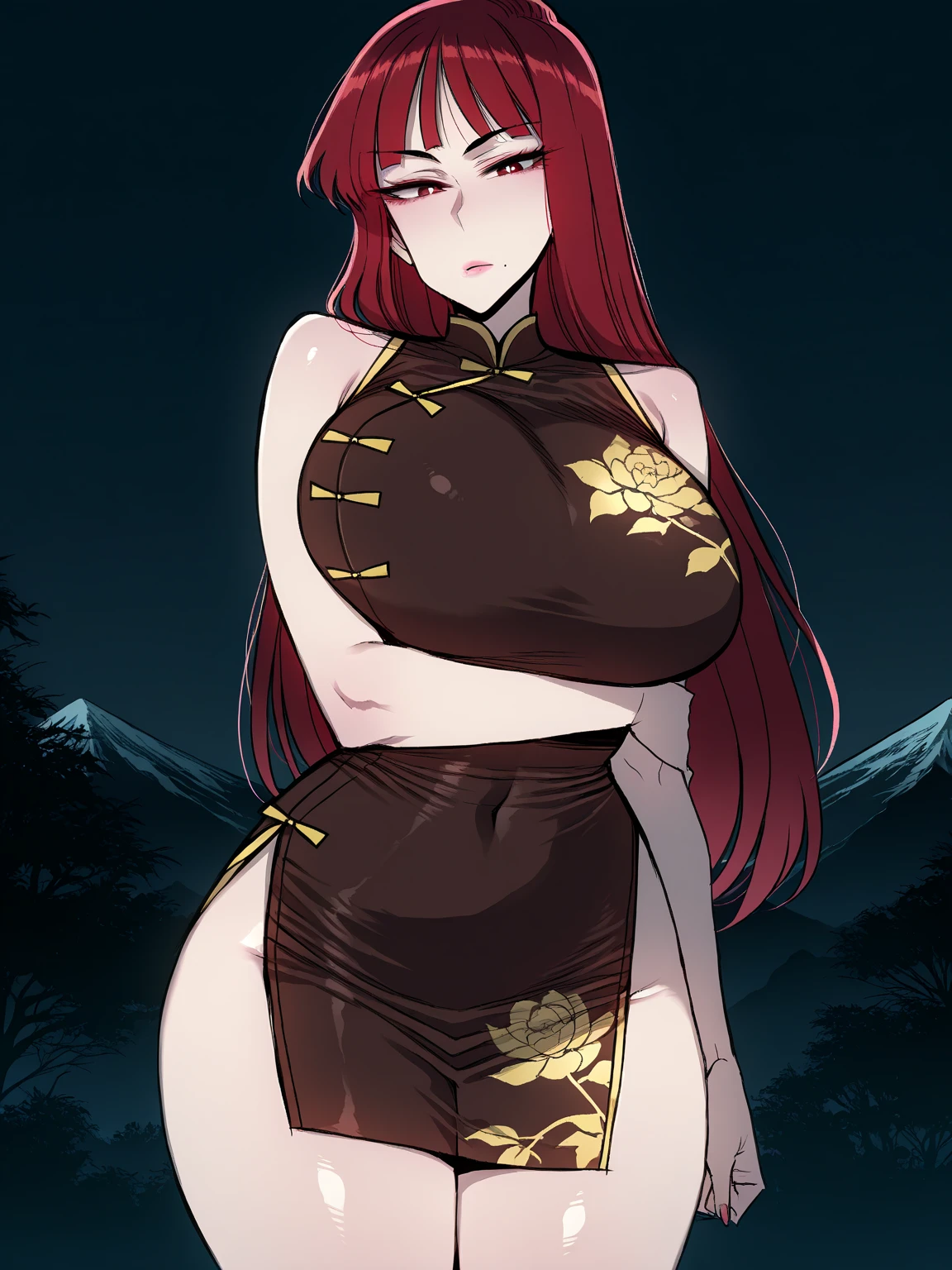 high quality, y1nl1n, red hair, Chinese dress, collar, slut, in public