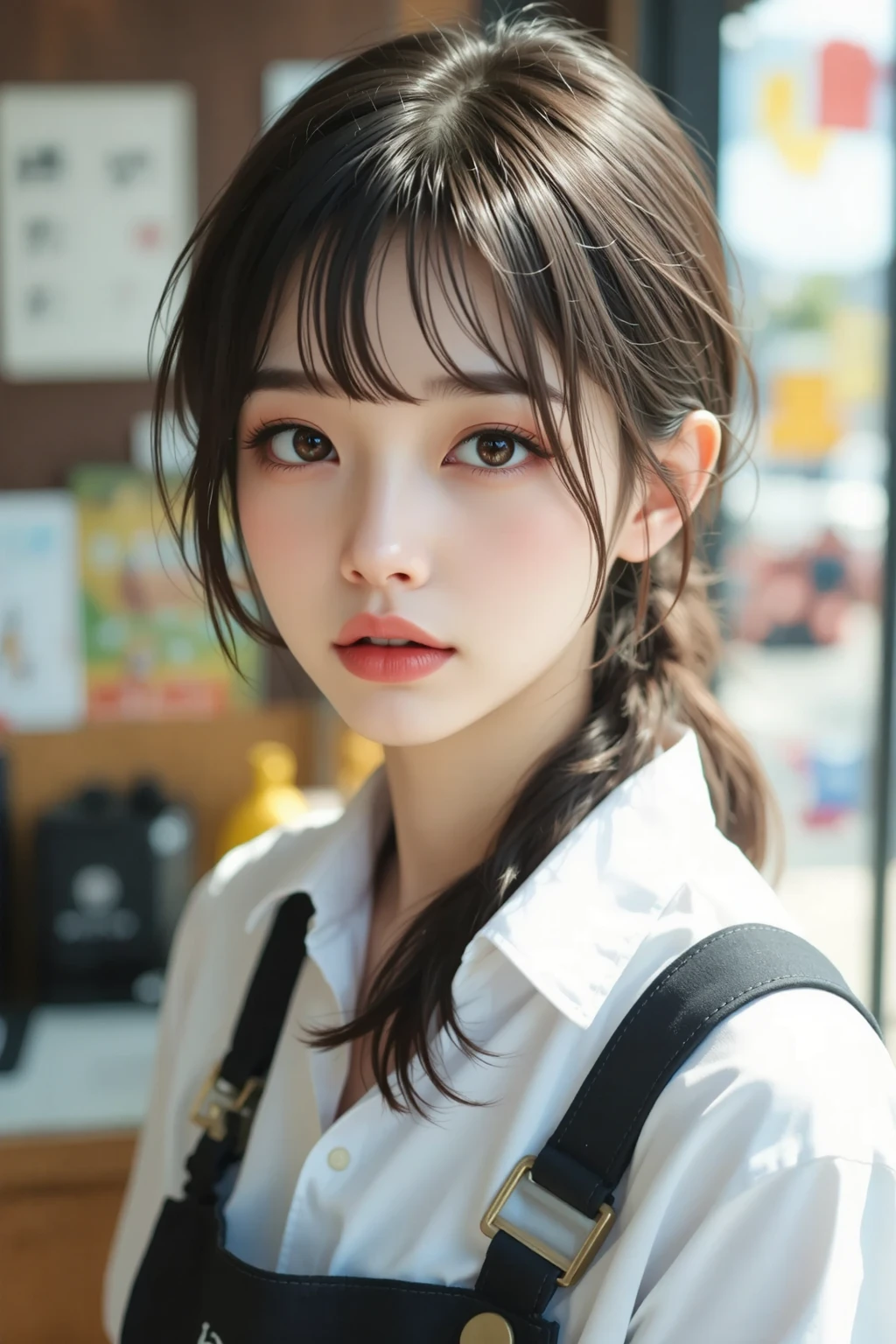 ((sfw: 1.4)),((detailed face, professional photography, cowboy shot)), ((sfw, barista uniform, low-ponytail hair, sidelocks-hair, 1 Girl)), Ultra High Resolution, (Realistic: 1.4), RAW Photo, Best Quality, (Photorealistic Stick), Focus, Soft Light, ((20 years old)), ((Japanese)), (( (young face))), (surface), (depth of field), masterpiece, (realistic), woman, bangs, ((1 girl))