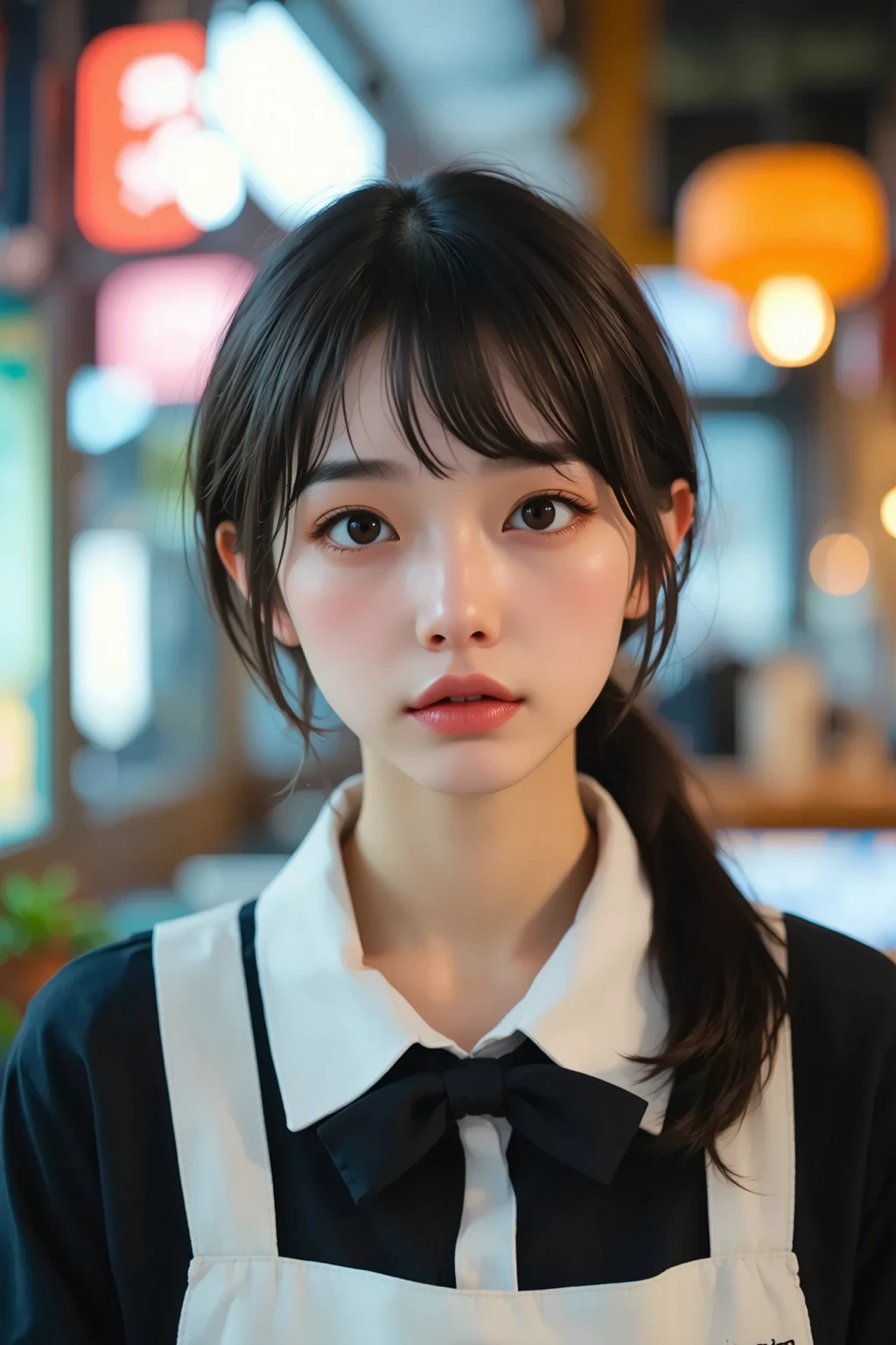 ((sfw: 1.4)),((detailed face, professional photography, cowboy shot)), ((sfw, barista uniform, low-ponytail hair, sidelocks-hair, 1 Girl)), Ultra High Resolution, (Realistic: 1.4), RAW Photo, Best Quality, (Photorealistic Stick), Focus, Soft Light, ((20 years old)), ((Japanese)), (( (young face))), (surface), (depth of field), masterpiece, (realistic), woman, bangs, ((1 girl))