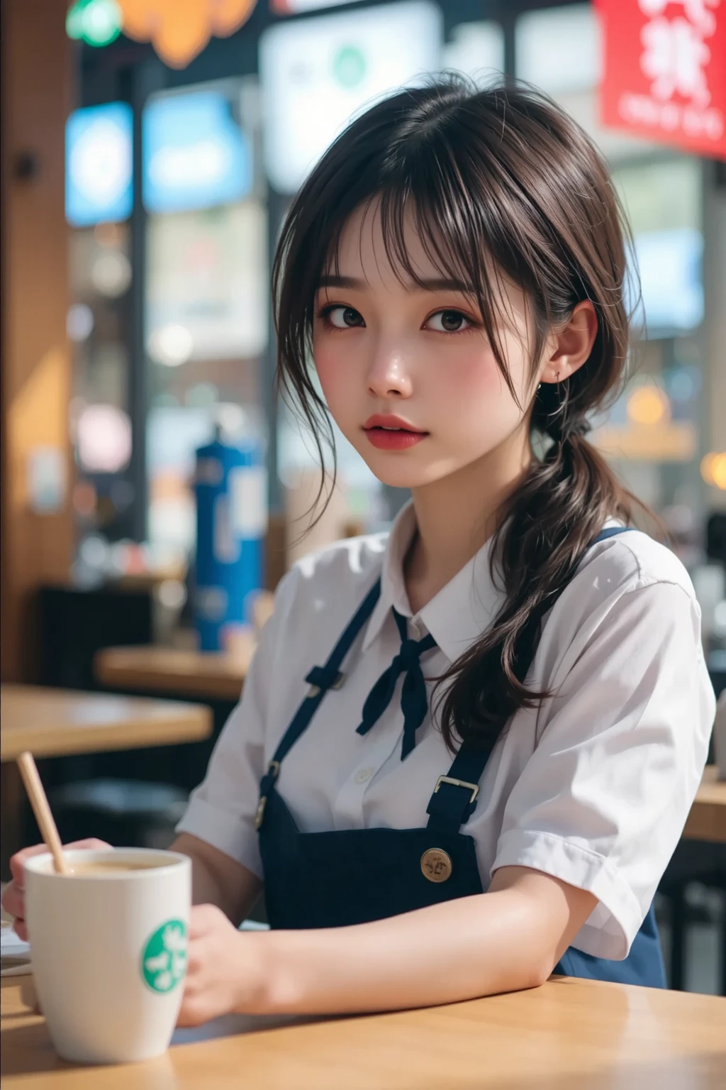 ((sfw: 1.4)),((detailed face, professional photography, cowboy shot)), ((sfw, barista uniform, low-ponytail hair, sidelocks-hair, 1 Girl)), Ultra High Resolution, (Realistic: 1.4), RAW Photo, Best Quality, (Photorealistic Stick), Focus, Soft Light, ((20 years old)), ((Japanese)), (( (young face))), (surface), (depth of field), masterpiece, (realistic), woman, bangs, ((1 girl))