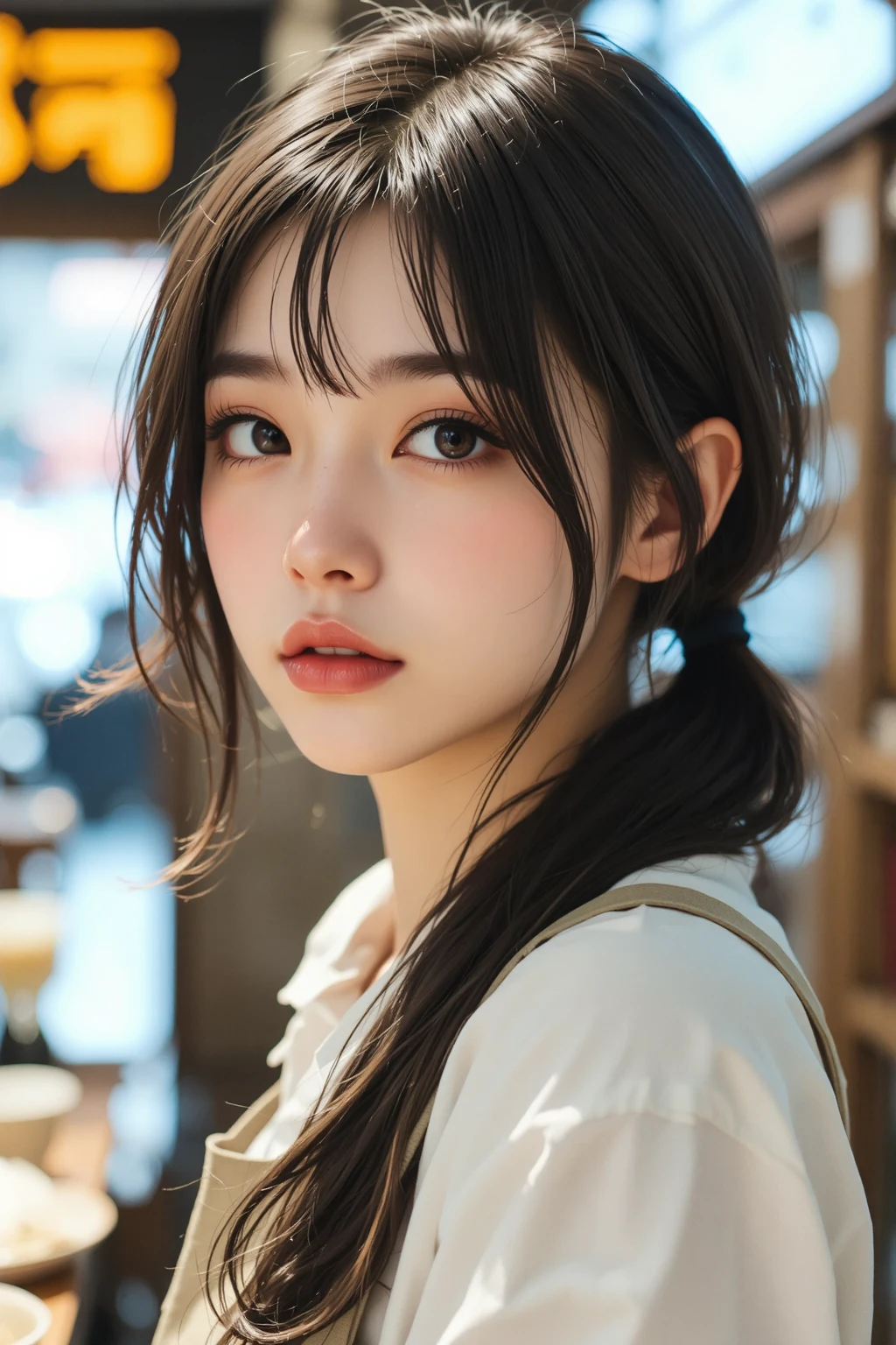 ((sfw: 1.4)),((detailed face, professional photography, cowboy shot)), ((sfw, barista uniform, low-ponytail hair, sidelocks-hair, 1 Girl)), Ultra High Resolution, (Realistic: 1.4), RAW Photo, Best Quality, (Photorealistic Stick), Focus, Soft Light, ((20 years old)), ((Japanese)), (( (young face))), (surface), (depth of field), masterpiece, (realistic), woman, bangs, ((1 girl))