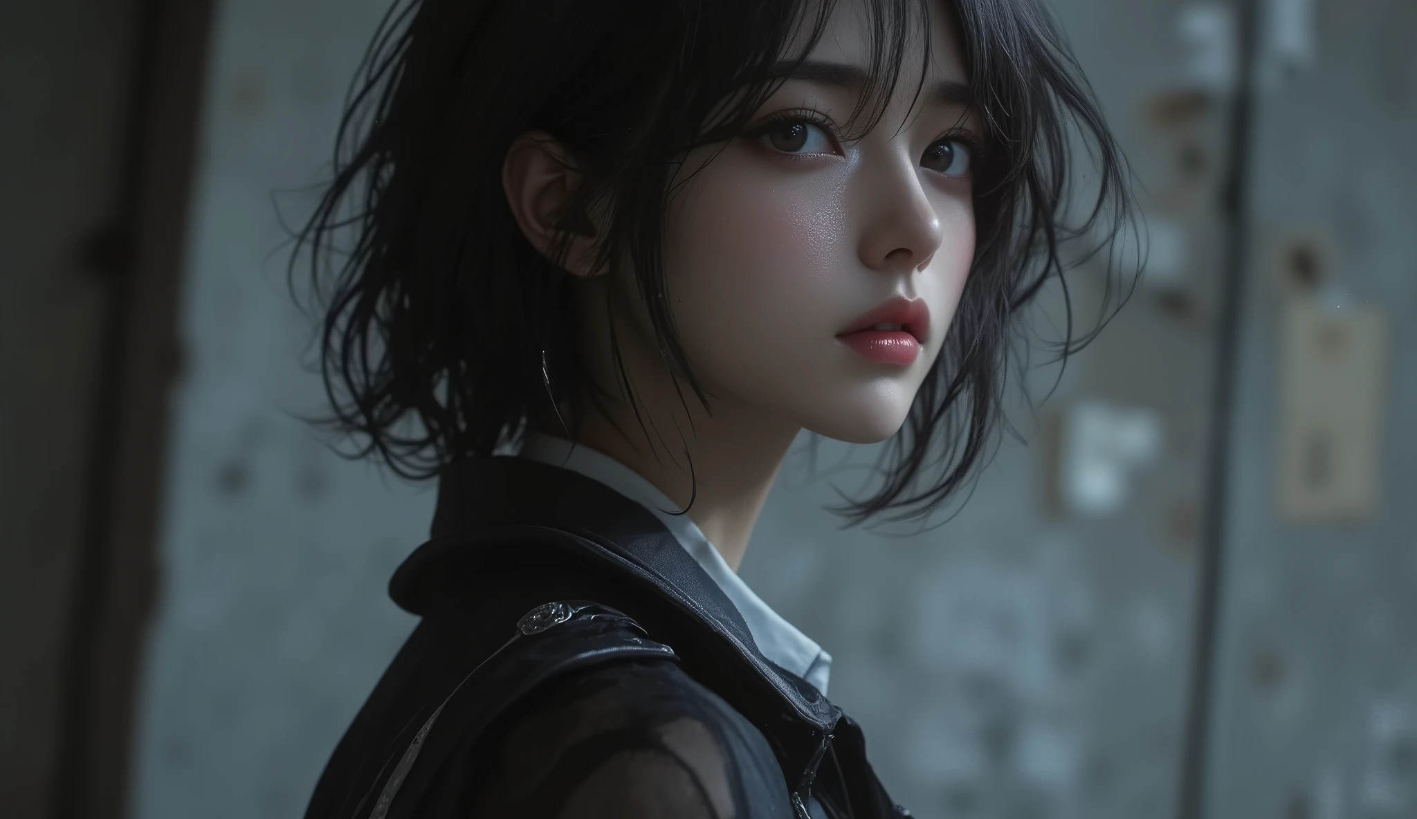 (Previous Focus)、(Dark: 1.6)、(masuter piece:1.3)、(32K、Photorealsitic、Raw photography、top-quality: 1.4)、(1girl in)、beautiful countenance、(Lifelike face)、(A dark-haired、bob_cut:1.3)、Beautiful hairstyle、realisticeyes、Beautiful details、deep-shadows、(real looking skin)、Moles under the eyes、Mole on the mouth、Beautiful skins、(Sweaters:1.4)、absurderes、enticing、超A high resolution、A hyper-realistic、high-detail、the golden ratio、Above the chest、BREAK、(Dark blue background:1.6)