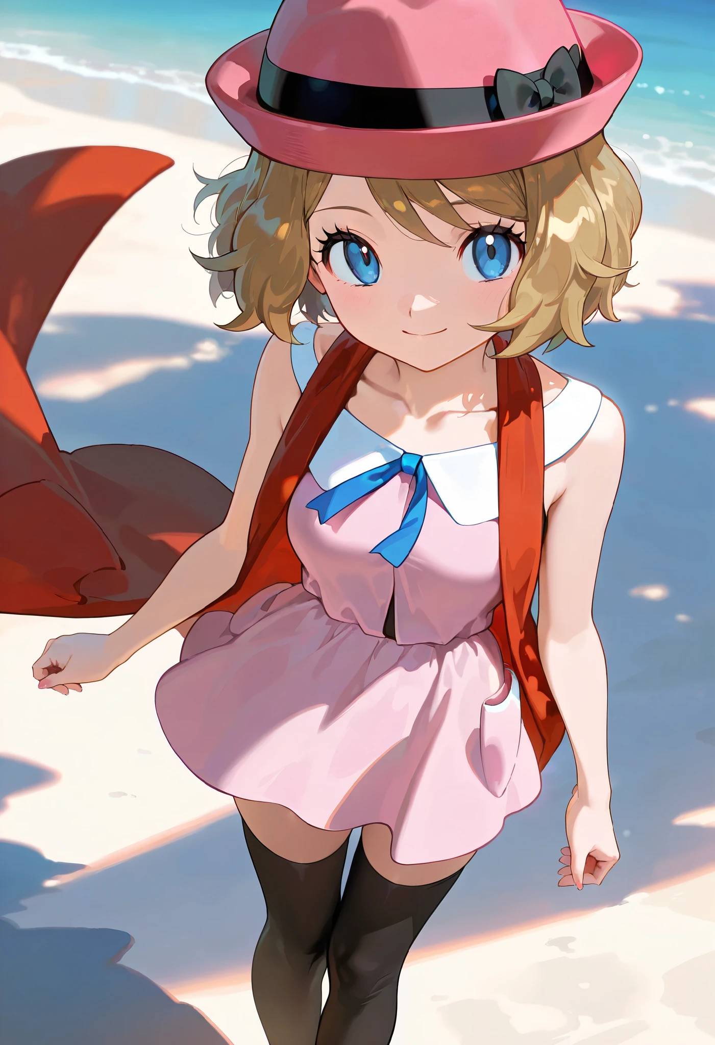 masterpiece, best quality, highres, serena \(pokemon\), short hair, blue eyes, 1girl, solo,smile, blue ribbon, eyelashes, black thighhighs, neck ribbon, sleeveless, bangs, collarbone, bare arms, pink dress, red coat, pink headwear, outdoors,  