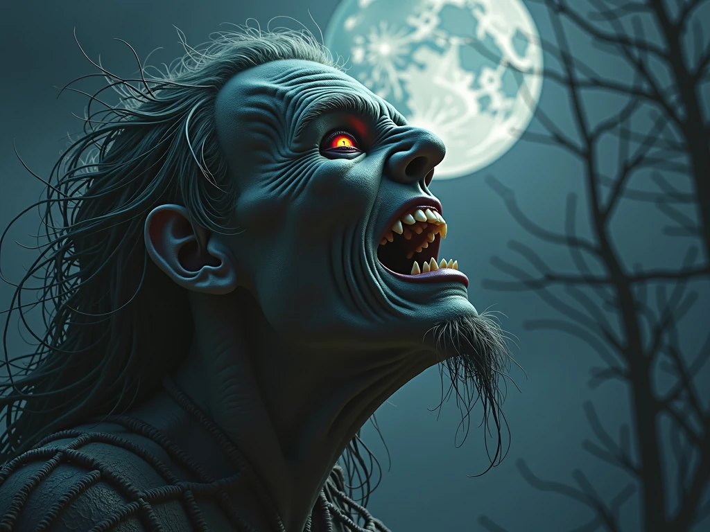 a crazed god of destruction, ultra detailed portrait, striking blue eyes, sharp fangs, wild hair, sinister grin, dark gloomy atmosphere, dramatic lighting, dark fantasy, dark magic, dark magic energy, powerful presence, danger, malevolent, ominous, (best quality,4k,8k,highres,masterpiece:1.2),ultra-detailed,(realistic,photorealistic,photo-realistic:1.37)
