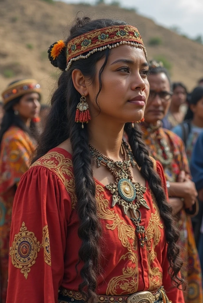 8k, Mais alta qualidade, ultra detalhes, indigenousBlack, portuguesa, italiana norte-americana, trajes tradicionais dos nativos americanos latinos, intricate beads, cocar de penas, strong and stoic expression, deep connection with the decolonial land