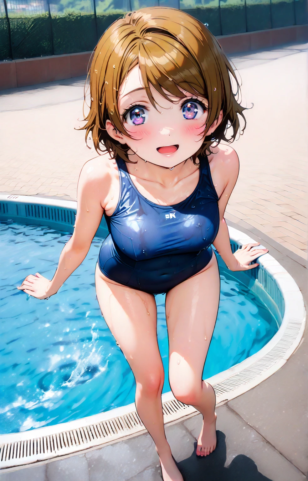 master-piece, bestquality, 1girls,, View viewers from front, HD, slight smile, big tits, cleavage, tights cloth, , tiny body, under tits cleavage, look down, sport swimsuit, stand up, kunikida hanamaru, paizuri invitation, in jacuzzi, ahegao, rolling_eyes