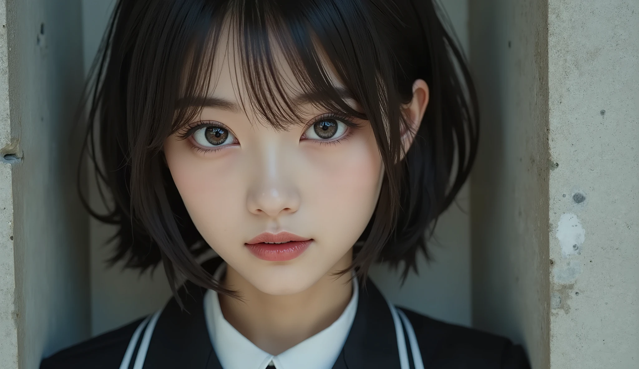 8k,ultra high resolution , top quality, masterpiece,rule of thirds,golden ratio,surreal,pictures, One Woman,( girl:1.3),cute,cute顔, Beautiful Eyes in Every Detail , 細かくdetails,mature women,princess,upper body, black hair,Short Messy hair,ID photo, luxurious and beautiful ,(A Famous Japanese Idol Girl),(((glaring))),((Prison uniform:1.3)),((Female Prisoner)),Low position,low angle,Exposed concrete wall,Stiletto heels,( She's Standing in Front of Me), very delicate expression , delicate eye description,, healthy body, ((1 female)), Height: 160cm ,( thin waist:1.4)、( Beautiful :1.4), pink lips,Profile ,((( ideal figure))),Small bust, A cup :2, portraits:2、 perfect anatomy 、鮮明な details、 details,thin lips,Perfect and beautiful face ,完璧でcute顔, meticulous skin , perfect limb,thin waist, surreal,Light and Dark, Fashion Magazine Cover ,darkness