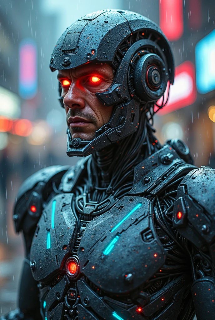 A futuristic cyborg man with a sleek metallic body, glowing red eyes, and intricate mechanical details. His face is partially human with cybernetic enhancements, including a high-tech visor and embedded circuits. He wears a futuristic armored suit with neon-blue energy lines running across it. The background is a dark cyberpunk cityscape with neon lights reflecting off the rain-soaked streets.