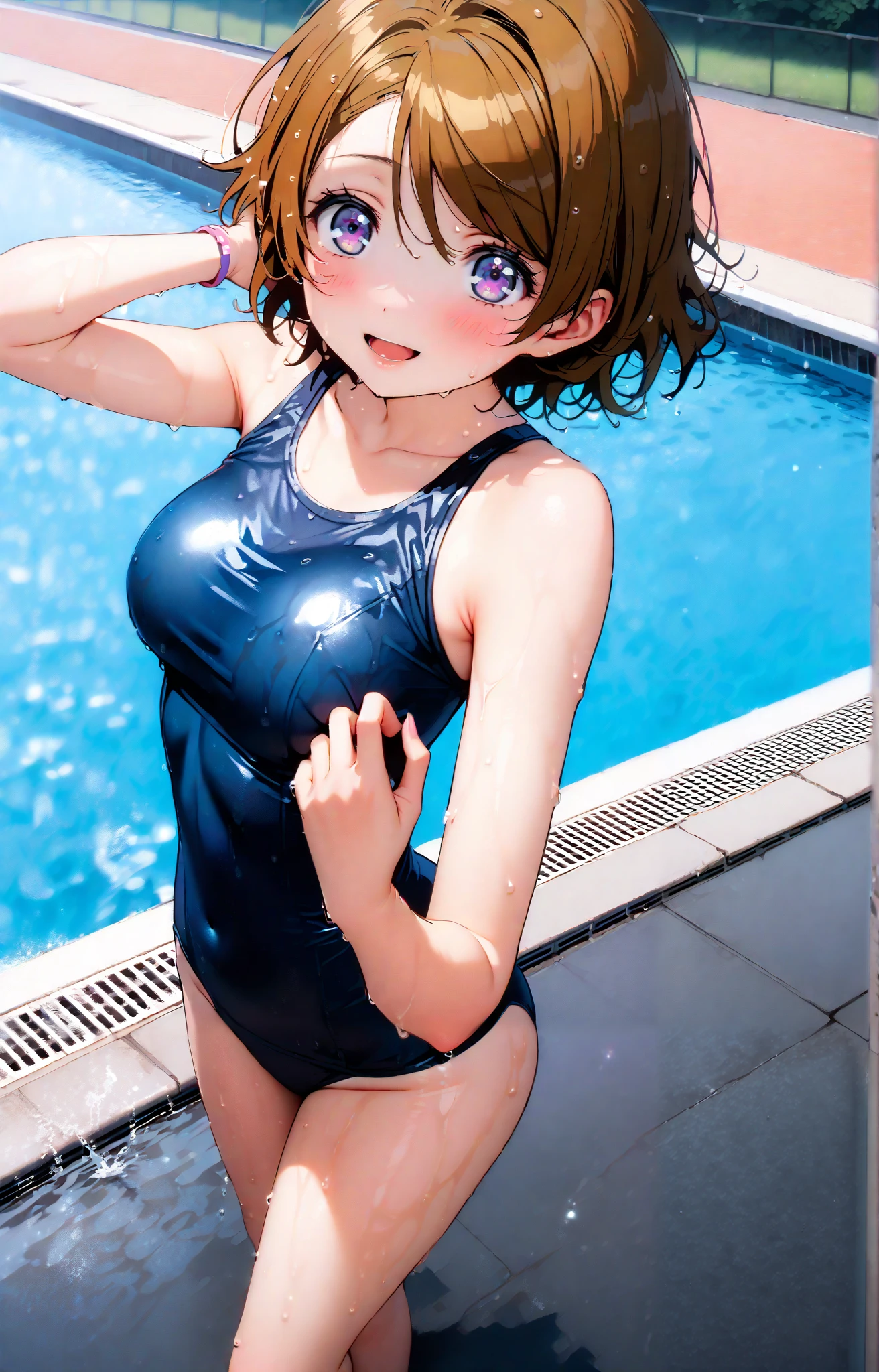 Hanayo Koizumi, Alone,short hair, brown hair, purple eyes,smile,blushes,open their mouths,old school swimsuit, school swimsuit, blue one-piece swimsuit, one-piece swimsuit, swimsuit, Belly button cover, wet swimsuit, collarbone,, poolside, pool, Splash,wet skin,wet hair,Submersion,noon,standing,full bodyがイラストに入るように,break outdoors, 学校 pool,
break looking at viewer,full body,
break (masterpiece:1.2),top quality , kampala, Unity 8K Wallpaper ,(shape:0.8),( fine, beautiful eyes :1.6),It's a person ,full body写真,CG Details , (perfect hands with full nudity,complete anatomy),