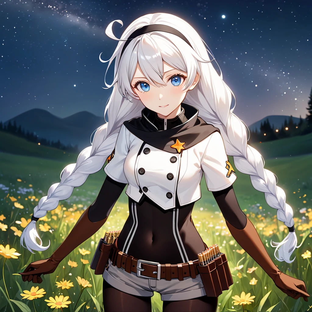 1girl, RamlethalMS, outdoors, thick thighs, shorts, white shorts, expressionless, sitting, bare legs, tight,
