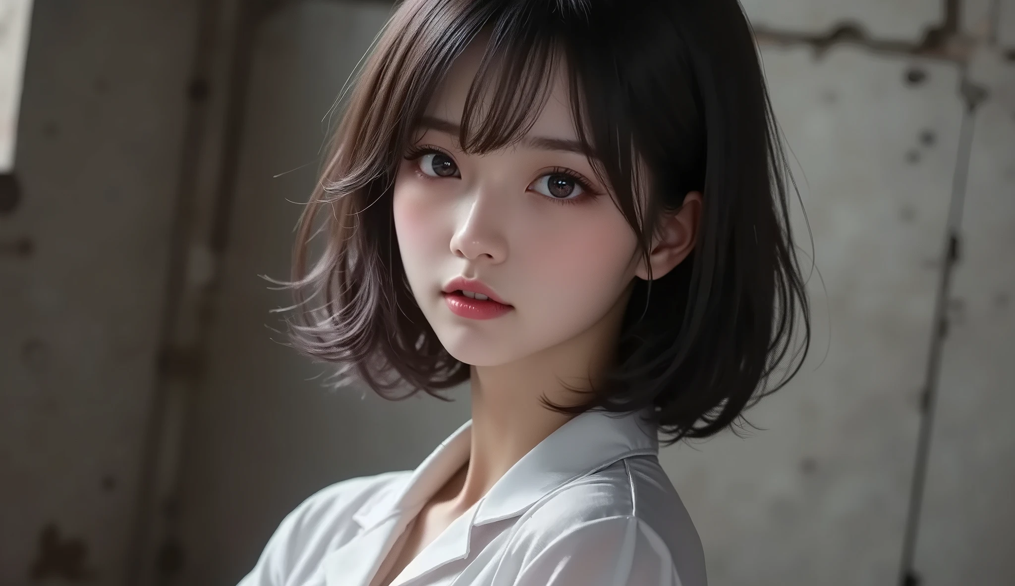 8k,ultra high resolution ,  top quality, masterpiece,rule of thirds,golden ratio,surreal,pictures, One Woman,( girl:1.3),cute,cute顔, Beautiful Eyes in Every Detail , 細かくdetails,mature women,princess,upper body, black hair,Short Messy hair,ID photo, luxurious and beautiful ,(A  Famous Japanese Idol Girl),(((glaring))),((Prison uniform:1.3)),((Female Prisoner)),Low position,low angle,Exposed concrete wall,Stiletto heels,( She's Standing in Front of Me), very delicate expression ,  delicate eye description,, healthy body, ((1 female)), Height: 160cm ,( thin waist:1.4)、( Beautiful :1.4), pink lips,Profile ,((( ideal figure))),Small bust, A cup :2, portraits:2、 perfect anatomy 、鮮明な details、 details,thin lips,Perfect and beautiful face  ,完璧でcute顔,   meticulous skin  , perfect limb,thin waist, surreal,Light and Dark, Fashion Magazine Cover ,darkness