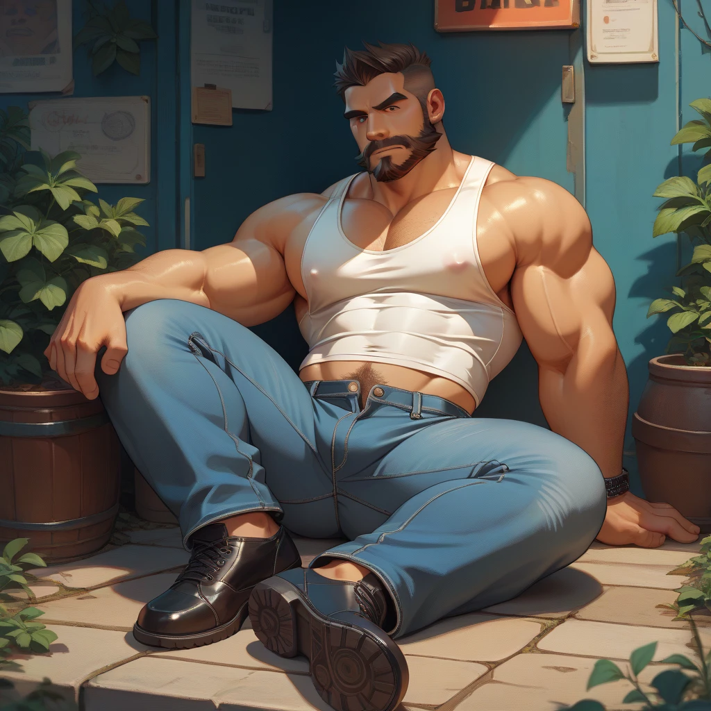 Man in relaxed pose, 52yo, wear glasses, brawny, careca e sem barba