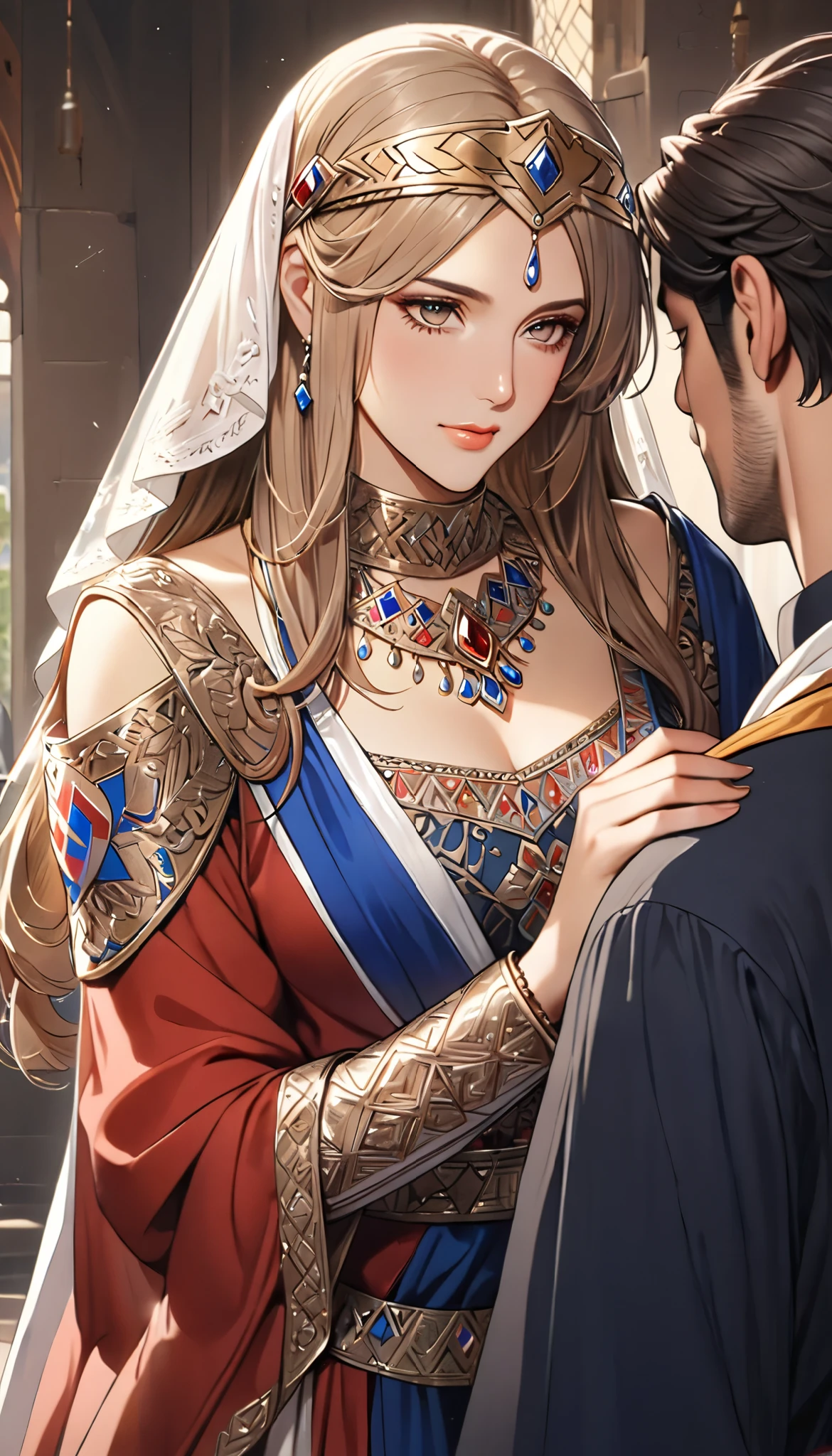 ((top quality)), ((masterpiece)), ( details), (perfect face)、(((One woman)))、(((There are no people around)))、 that woman is Princess Leona , medium length light brown hair、and an engagement ring、beautiful woman、 The woman is a beautiful Armenian man wearing an Armenian national costume.