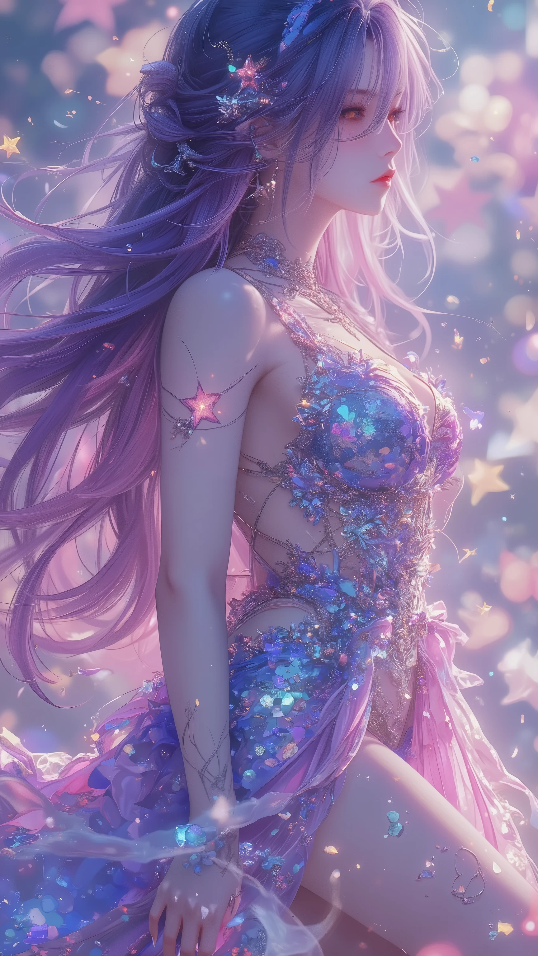 ((top quality)),( ultra high resolution ),(is very well detailed),( detailed description),(( best CG )),(masterpiece), Ultra Detailed Art ,Amazing Painting Art,(art with delicate details:1.5), woman, Beautiful and well-groomed profile, gradation purple hair, Rainbow Sequin Dress, beautiful back, back necklace, deep slit, Beautiful legs,   Flowing Wind, The brilliance of a star that complements her
