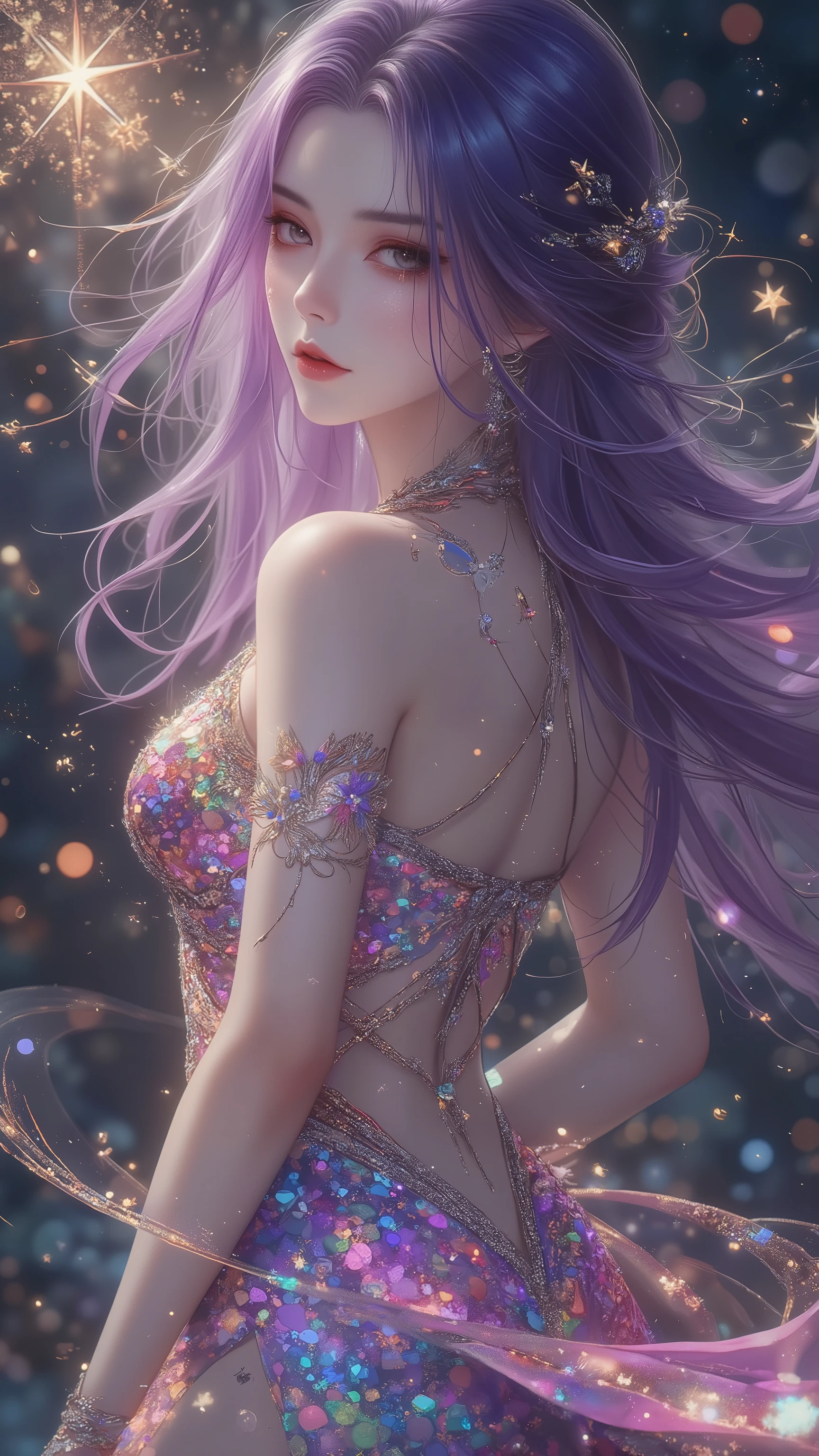 A close up of a woman with purple hair and a dress - SeaArt AI