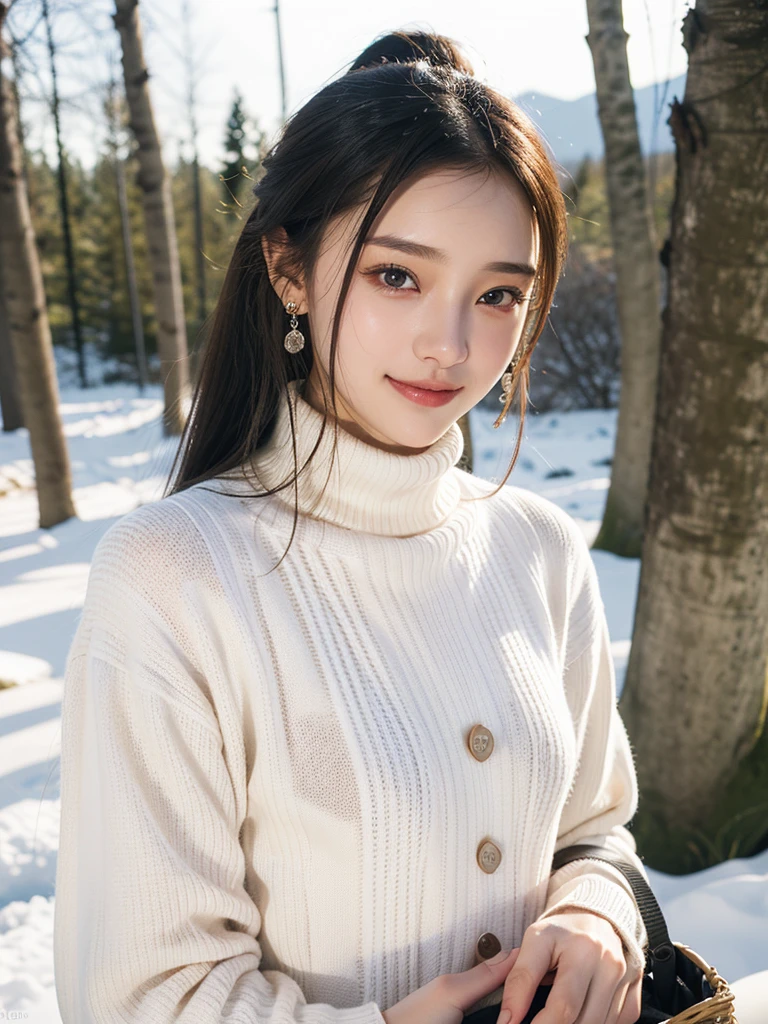 (masterpiece:1.35),(best-quality:1.4),8k,ultra-detailed,photography,(ultra-realistic:1.4), adult girl, long hair, sweater, snowing background, Large Breast, Slim Body,