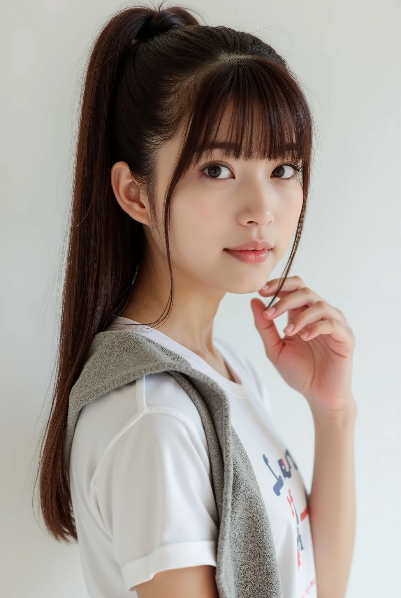 Create a stunning photo collection of a beautiful Japanese idol girl with fair skin. She has long straight hair styled in a ponytail with bangs. She is wearing a T-shirt and mini shirt, and standing gracefully. Focus on capturing her charm and elegance.
