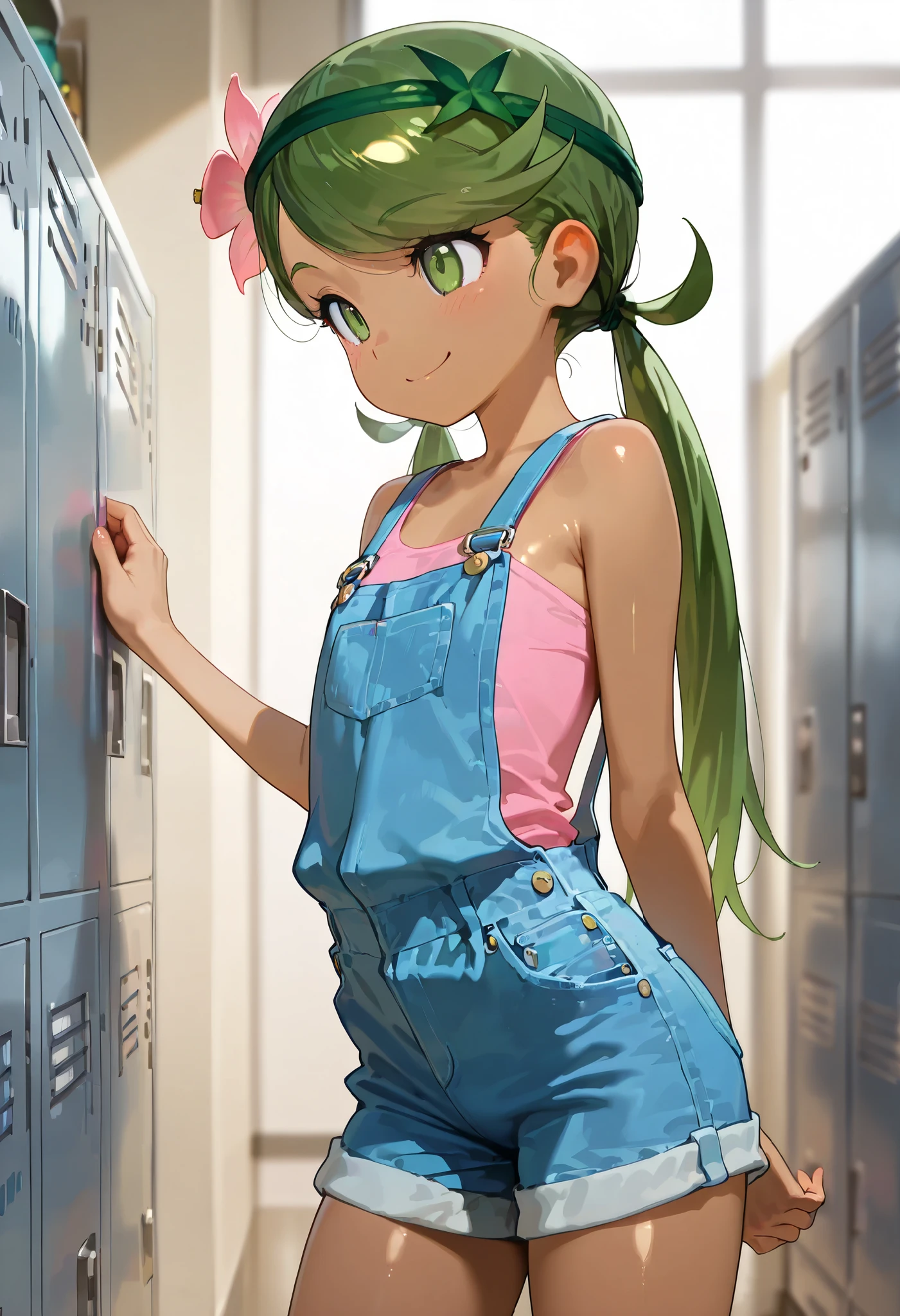 high resolution picture, masterpiece, best quality, amazing,mallow, 1girl, solo, green eyes, green hair, long hair, low twintails, swept bangs, dark skin, dark-skinned female, green hairband, hair ornament, hair flower, pink flower,
pink shirt, bare shoulders, sleeveless, overalls, shorts,shiny skin,close up of face,flat chest,locker room ,
smile,closed mouth,cowboy shot,
(insanely detailed, beautiful detailed face, masterpiece, best quality) cinematic lighting,