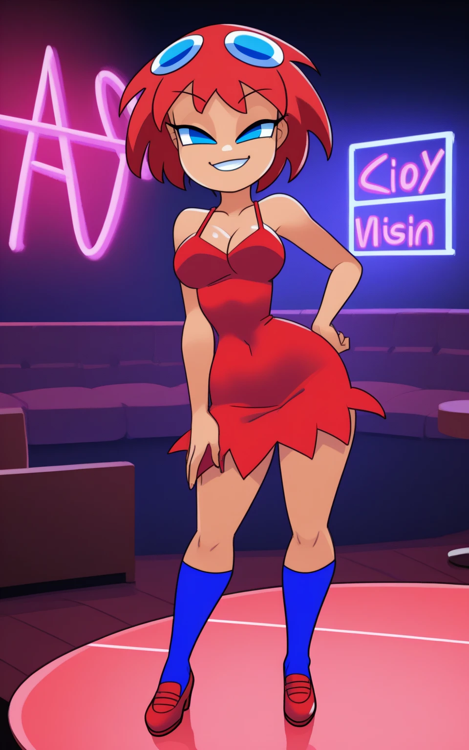 a girl lady big breast sexy attractive sensual sensitivity long red hair shine her blue eye eyelash painted purple soft red lip she dresses long red dress elegant glitter pair net sock black heel black thigh sensual sexy she singing theater lady