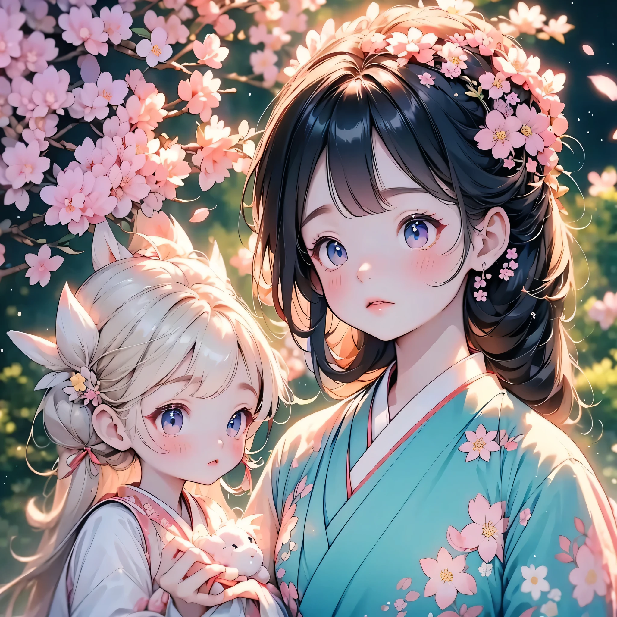 best detail、top quality、greatest masterpiece、 Sakurabuki、 neon color、black light、Graduation Ceremony、Japanese pattern hakama 、 Cherry Blossom Tree Background 、
