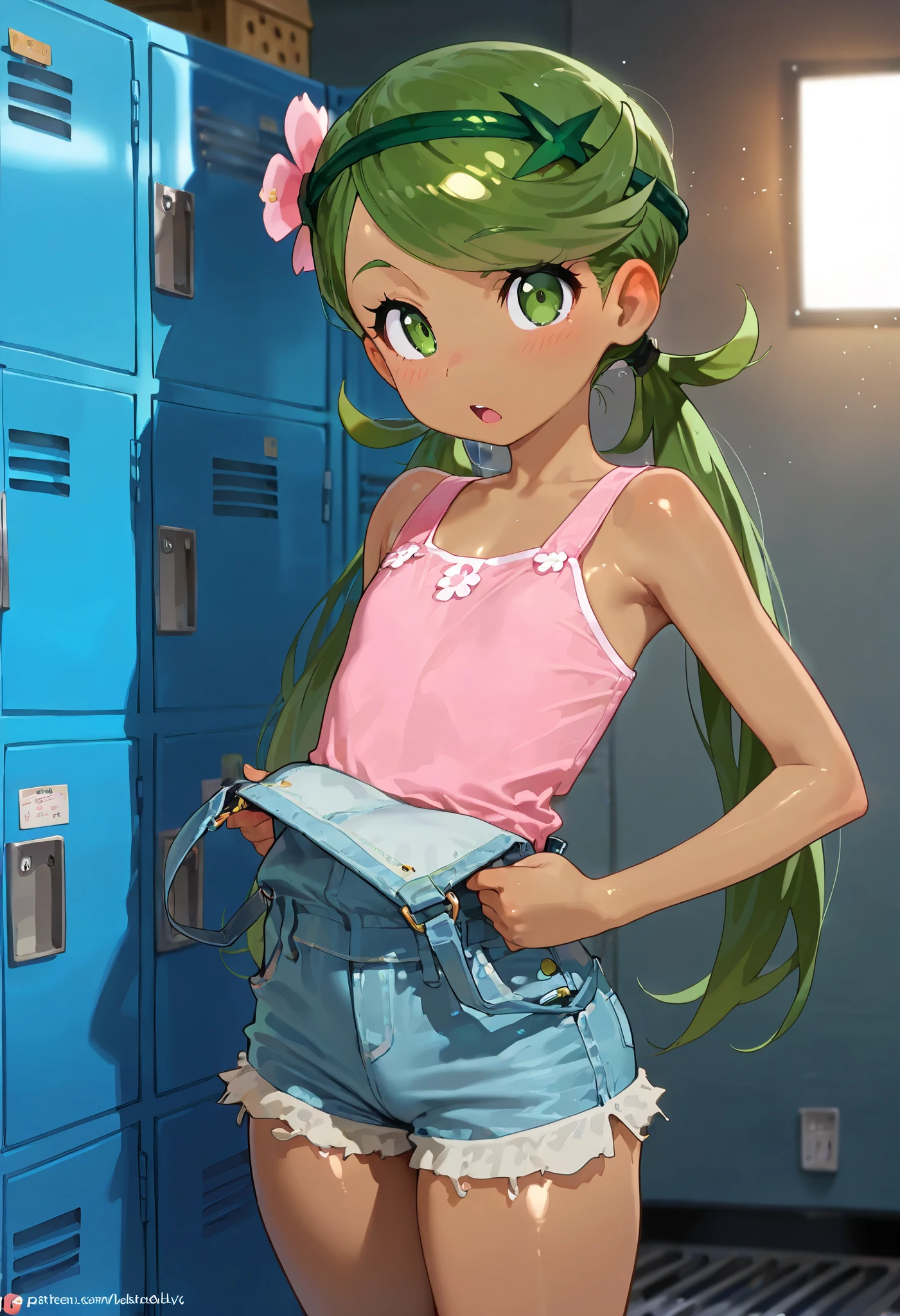 high resolution picture, masterpiece, best quality, amazing,mallow, 1girl, solo, green eyes, green hair, long hair, low twintails, swept bangs, dark skin, dark-skinned female, green hairband, hair ornament, hair flower, pink flower,
pink shirt, undressing bare shoulders, sleeveless, overalls, shorts,shiny skin,close up of face,flat chest,locker room ,open mouth,cowboy shot,looking at viewer,
(insanely detailed, beautiful detailed face, masterpiece, best quality) cinematic lighting,
