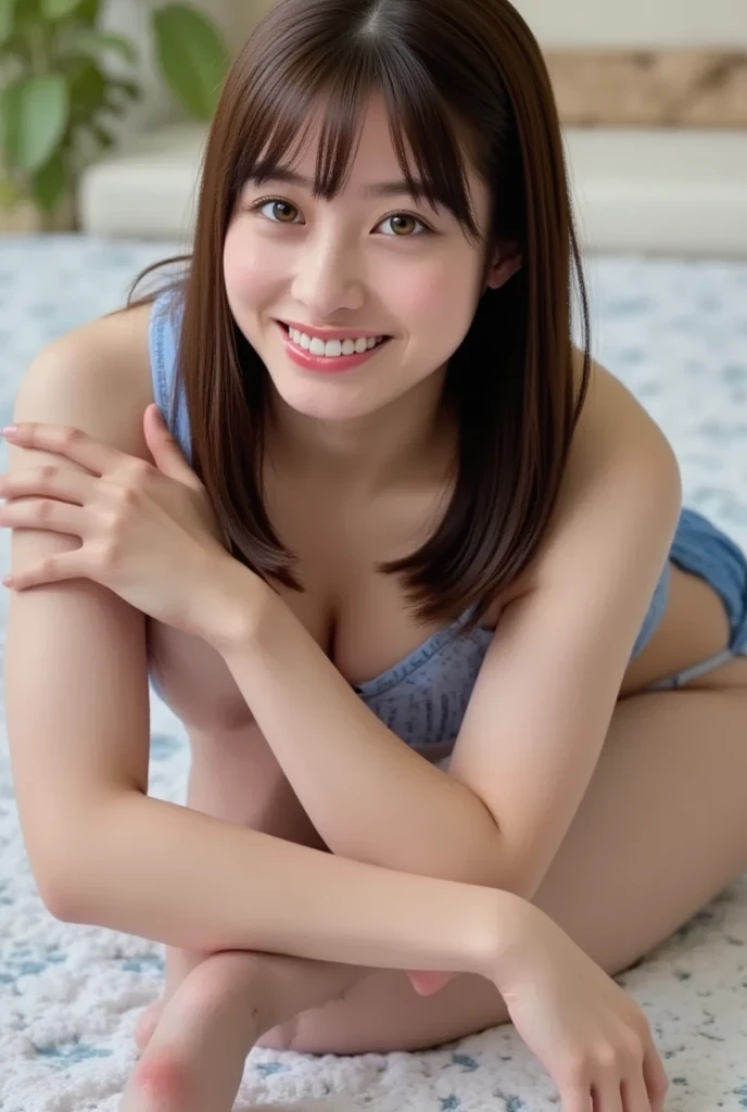 there is a woman in a white and blue bikini posing for a picture, Yoshitomo Nara, young sensual gravure idol, young pretty gravure idol, realistic young gravure idol, young gravure idol, young skinny gravure idol, chiho, taken with canon eos 5 d, reluvy5213