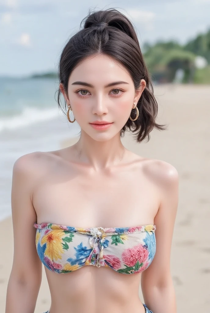 8K, masterpiece, Raw photo, highest quality, realistic, extremely detailed CG unity 8K wallpaper, cinematic light, Lens flare, ray tracing, (very beautiful face, beautiful lips, beautiful eyes, Big eyes), face with intricate details, ((highly detailed skin)) 1 girl, deep shadow, beautiful japanese woman, 1 girl, (very slim slender fit-muscled body:1.2), medium breasts,serious look, (morning, (blurred background), pale light),resort beach, (with no people in the background:1.3), beautiful earrings, bracelet, necklace, (Long dress, Floral), clear eyes, black eyes, walk, turn to the side, full body shot, brown hair