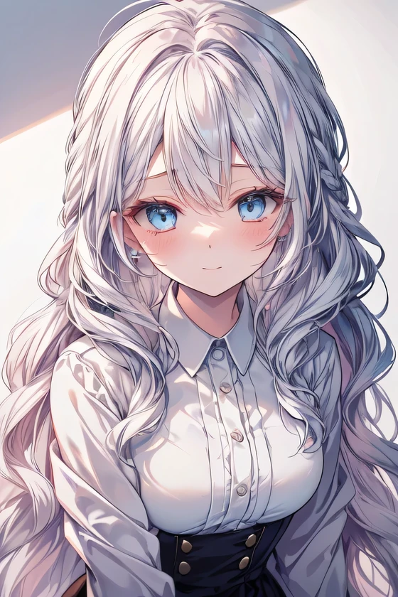 adult women, 30 years old women, beautiful anime women, smilled, white hair, long hair, messy hair, wavy hair, braided hairon the side, blue eyes, blushing, adult women, beautiful hair style, (((Best Quality: 1.4))), (best quality 1.2, shadow 1.3, (Fidelity: 1.4), eyes++++