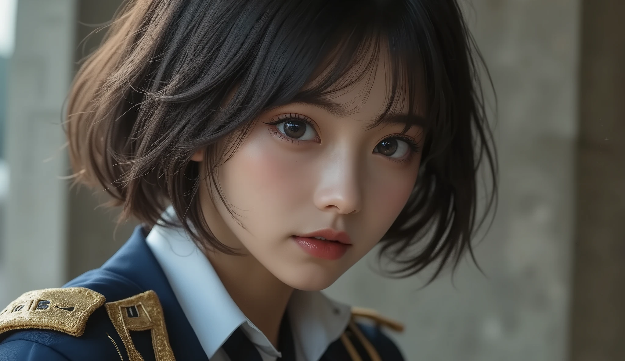 8k,ultra high resolution ,  top quality, masterpiece,rule of thirds,golden ratio,surreal,pictures, One Woman,( girl:1.3),cute,cute顔, Beautiful Eyes in Every Detail , 細かくdetails,mature women,princess,upper body, black hair,Wavy bob,ID photo, luxurious and beautiful ,(A  Famous Japanese Idol Girl),(((glaring))),((military formal wear:1.3)),((Female Officer)),Low position,low angle,Exposed concrete wall,Stiletto heels,( She's Standing in Front of Me), very delicate expression ,  delicate eye description,, healthy body, ((1 female)), Height: 160cm ,( thin waist:1.4)、( Beautiful :1.4), pink lips,Profile ,((( ideal figure))),Small bust, A cup :2, portraits:2、 perfect anatomy 、鮮明な details、 details,thin lips,Perfect and beautiful face  ,完璧でcute顔,   meticulous skin  , perfect limb,thin waist, surreal,Light and Dark, Fashion Magazine Cover ,darkness