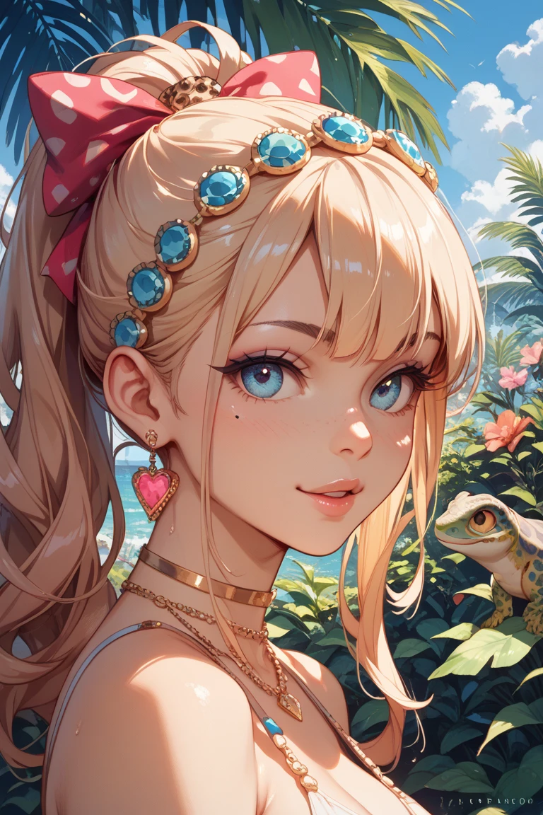 masterpiece++, darkskin++, tan++, mocha skin++, dynamic posing++, bathing suits++, tropical,nsfw+++, pigtails++,sexy ++, 1 girl+, pink eyes++, juicy lips++, full lips++, hearts++, ,long blonde hair with blue highlights with dark skin+++, honey eyes++, galaxy eyes++, beach background++, big boobs+++, thick thighs++, small waist+++, happy++, smiling++,