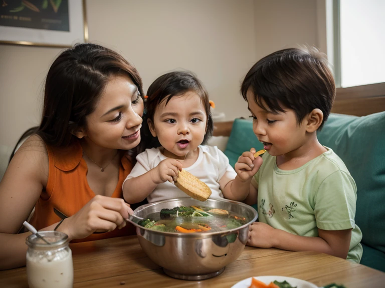 an 8 month old baby being fed healthy food by his mother