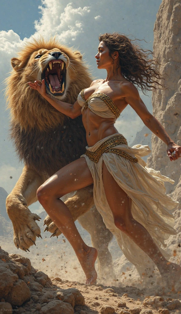 Naked gladiator battling lion