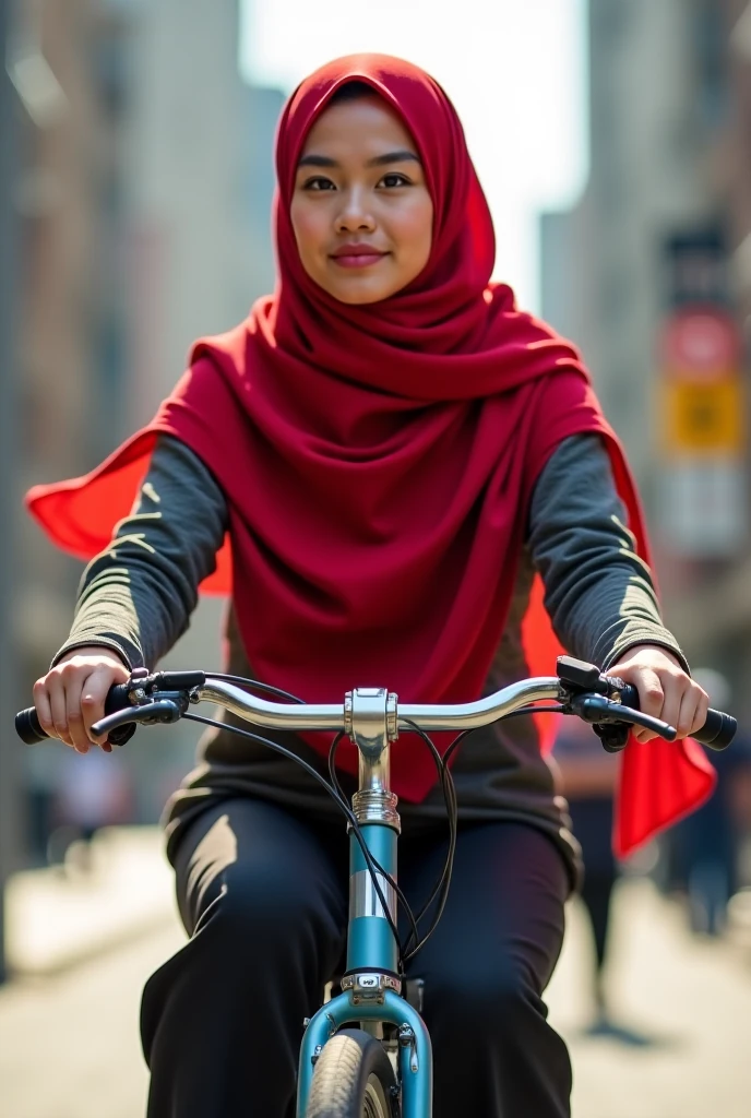 A man and a woman, both wearing glasses, are riding a bicycle. The woman is wearing a green hijab and has a tattoo on her arm. They are both smiling and the woman has a book in her bag.