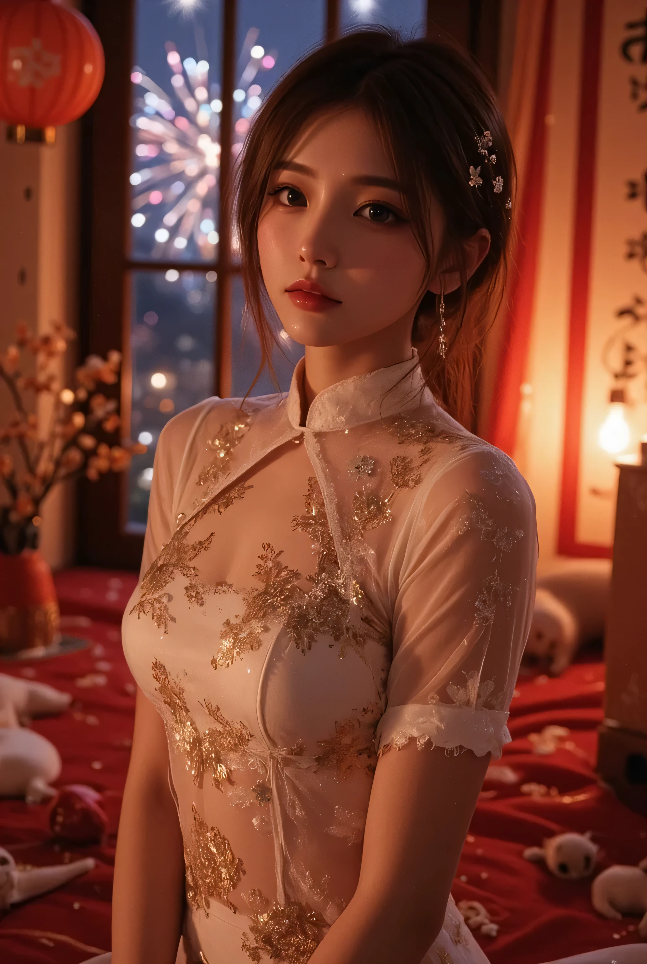 Cat ears、 face up, attractive, pretty girl, ponytail、 (( fine facial features , eroticism)), dramatic lighting , realistic , 8k, Dramatic Shadows , intricate and elaborate patterns , super detailed photo , chiaroscuro lighting , Pleasant colors , deep contrast , super real 、 pink lipstick、 warm room、Vintage Fireplace 、 cinematic composition、Close-up of face, pretty half part transparent open shoulder loose outfits dress, tang style, A beautiful Korean idol wearing a one piece red- black tightly cheongsam with phoenix and intricate floral golden embroidery, golden and silver outline on dress, hand hold pink feathers transparent Chinese fan with golden ink painting of bird and tree , standing gracefully in a room filled with traditional Chinese New Year decorations. The room features vibrant red lanterns, decorative calligraphy scrolls, a small Chinese orange tree with golden ornaments, and several red envelopes scattered across the floor and hanging from the tree. Adorable, playful cats are part of the scene—some sitting near the tree, others curiously pawing at the red envelopes or lounging around. Through a window or an open door in the background, vibrant Chinese fireworks light up the night sky in an array of reds, golds, and blues, casting a magical glow into the room. The idol’s outfit is paired with subtle accessories like red hairpins or earrings, complementing the festive look. The atmosphere is warm and lively, filled with the joyful essence of the celebration, enhanced by the shimmering lights of the fireworks and the lively decor. 1girl,
