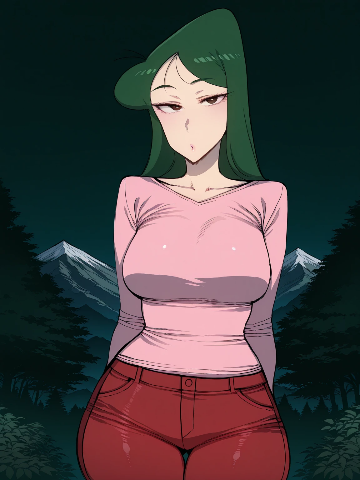 daria, 1girl, solo, green jacket, brown shirt, glasses, outdoors, full body, black skirt, black boots, lifting shirt off, showing breasts nsfw, cartoon