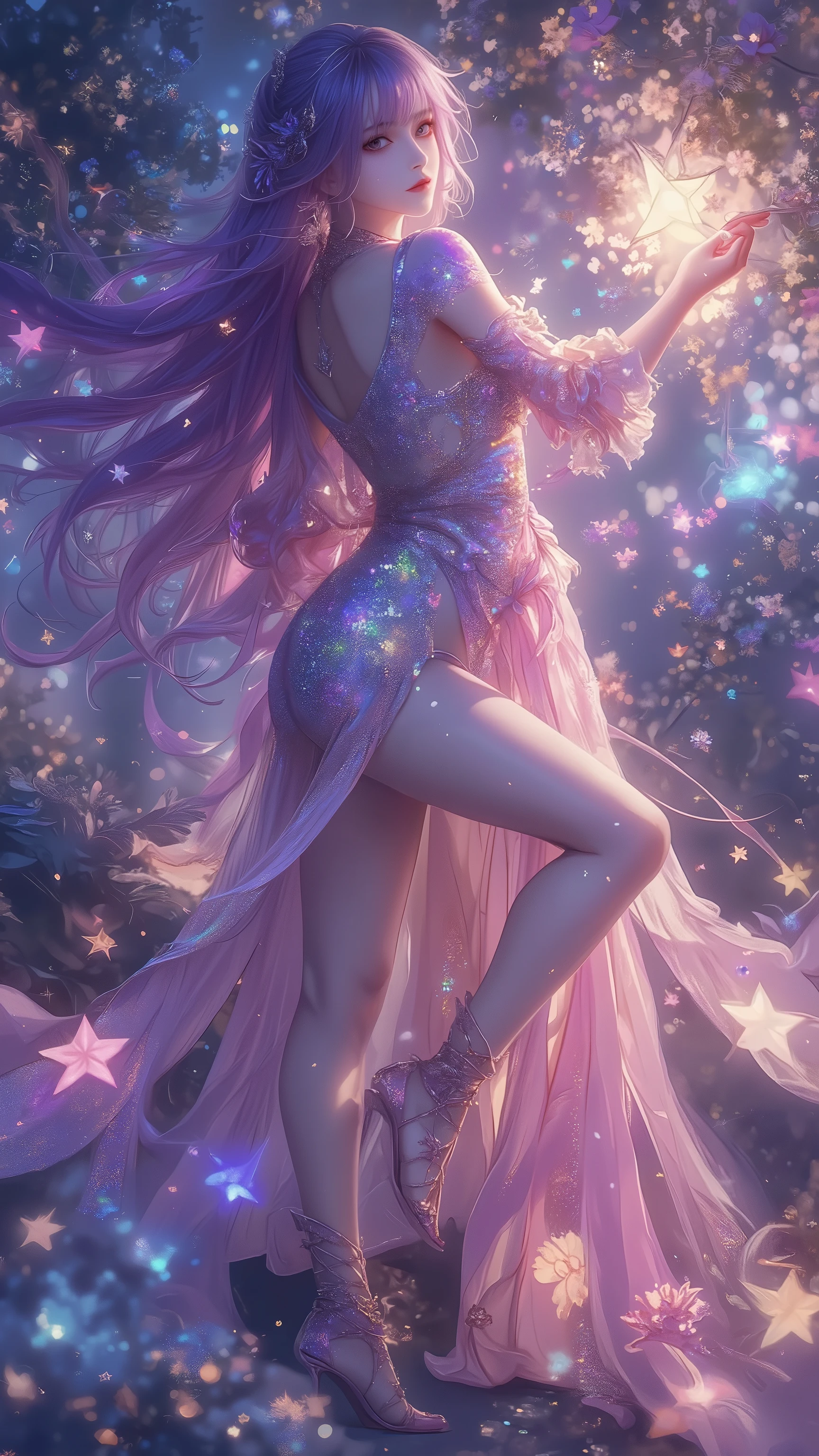 ((top quality)),( ultra high resolution ),(is very well detailed),( detailed description),(( best CG )),(masterpiece), Ultra Detailed Art ,Amazing Painting Art,(art with delicate details:1.5), woman, Beautiful and well-groomed profile, gradation purple hair, iridescent sequin dress, beautiful back, back necklace, deep slit, Beautiful legs, Flowing Wind, The brilliance of a star that complements her