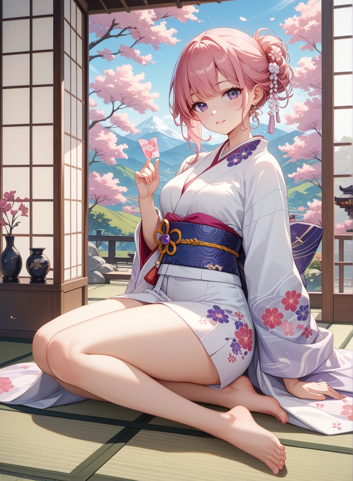kimono、pink　kimono、white　thigh high socks、girl, beautiful girl,shyly、smile、clear、、short hair、(masterpiece), (highest quality), Super detailed, perfect face, perfect body, sitting on the floor、flowering tree、spring