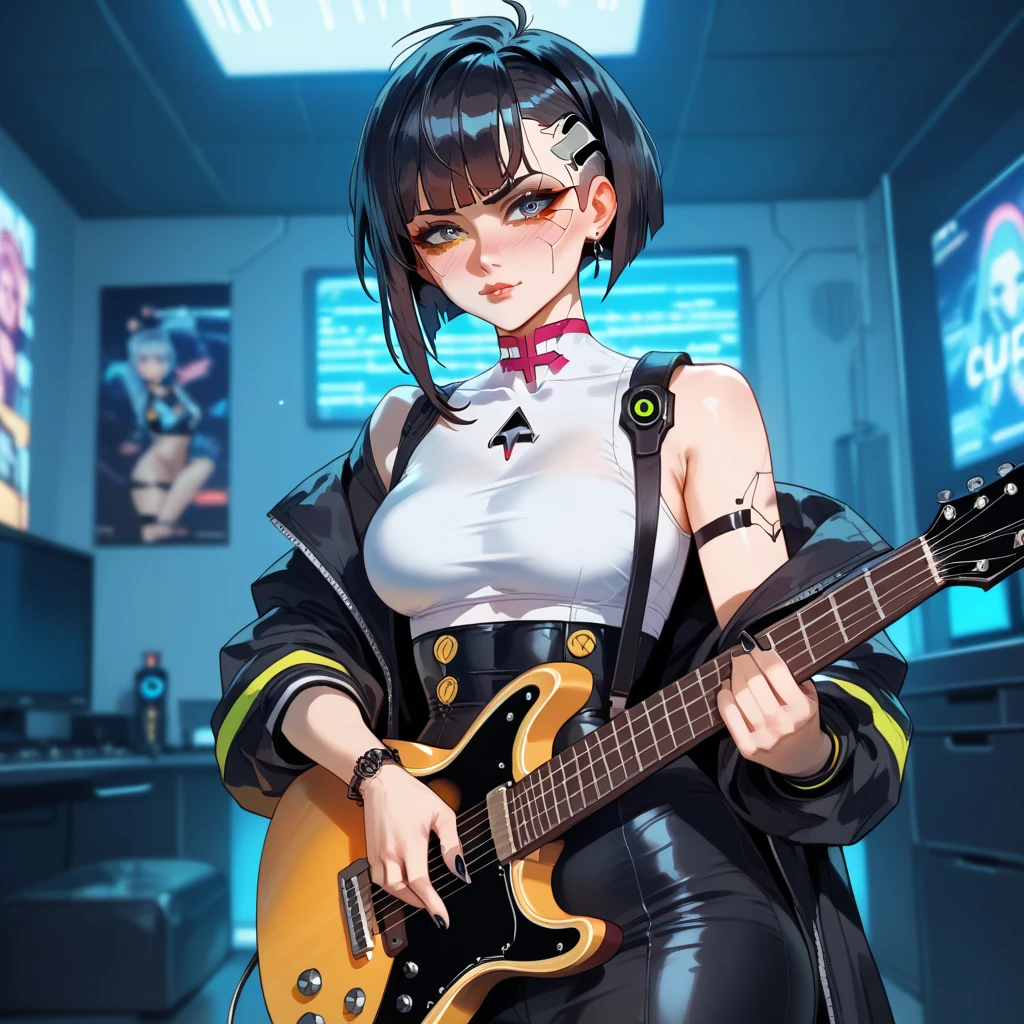 masterpiece, best quality, realistic, 1girl, female focus, tall fit, cool pretty, [thin eyebrows:0.5], smile, sexy, portrait, extremely detailed face, white hair, (short hair), slim waist, breast, slightly thin, full body, Japanese, dynamic, rockers, rock, guitarist, guitar, play guitar, holds guitar, cool, rock concert, leather jacket,High Resolution, Hair Between Eyes, Blunt Bangs, Parted Lips, Teeth, 