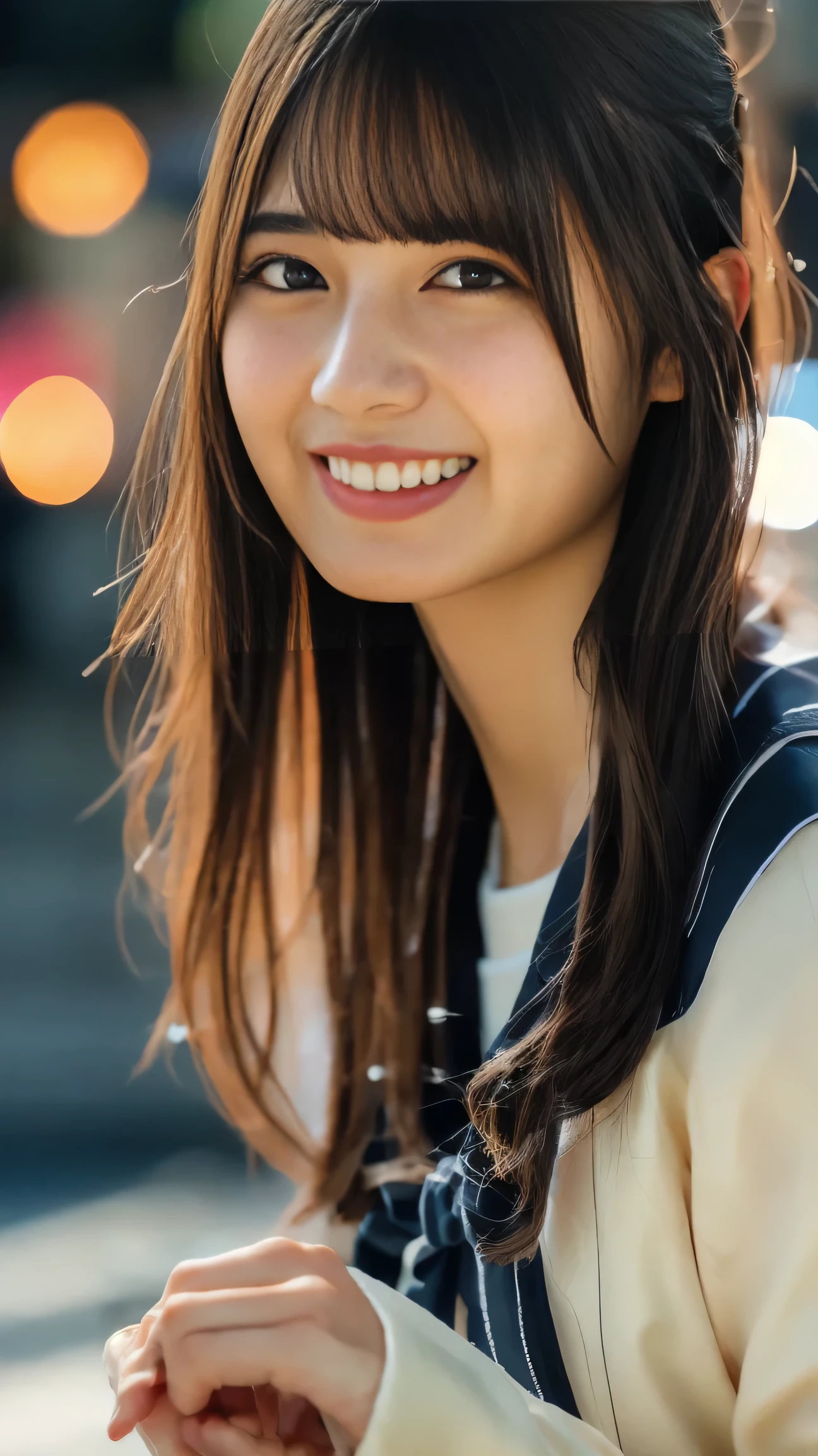 woman, high definition, masterpiece, accurate, anatomically correct, 最high quality, HIGH DETAILS, high quality, high definition model, textured skin, Ultra-fine, black hair, smiles, stick out your tongue, portrait photo, Photo Quality、school uniform、HIGH SCHOOL GIRLS、20th Generation、sailor suit、The soft serve ice cream is dripping on my hand、is licking soft serve ice cream、the soft serve ice cream has melted slightly and is dripping down my hand、Around town、shopping street in the evening、I'm sitting on the curb