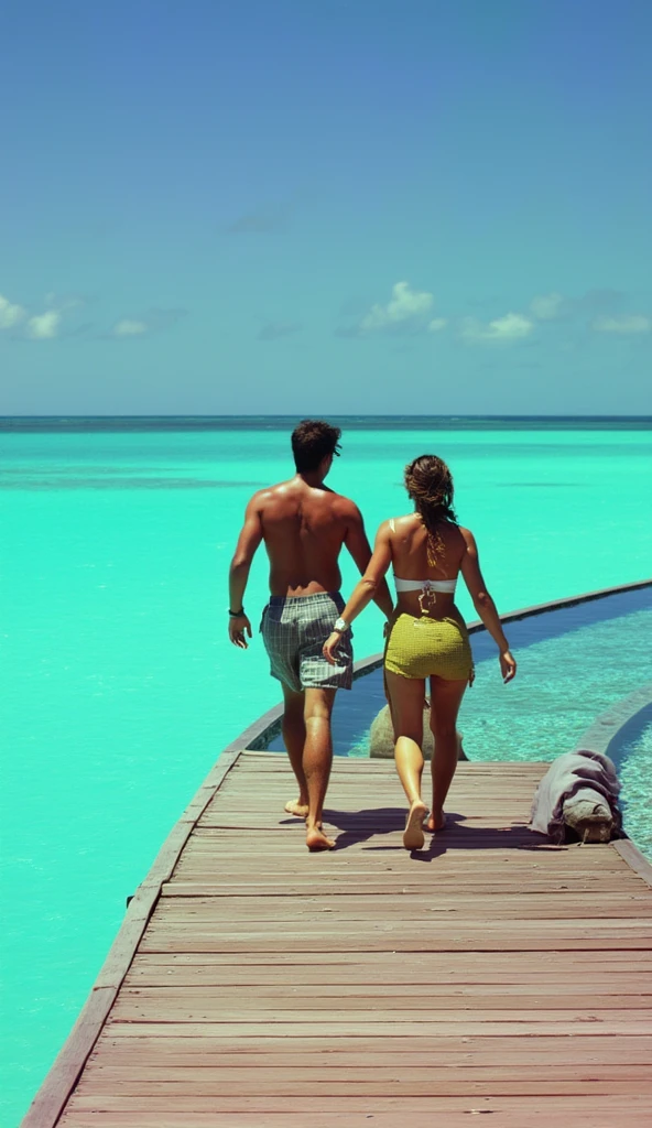 araffes in a blue dress is holding a man's hand in a pool, in a luxurious pool, infinity pool mirrors, sunny day, next to a pool, paradise in the background, summer season, poolside, next to a tropical pool, luxury lifestyle, shot on iphone 1 3 pro max, vacation photo, edited