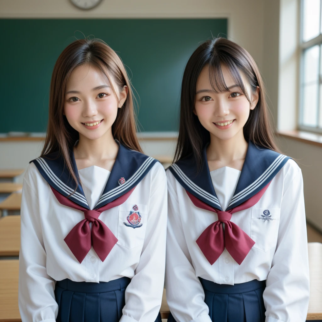 ((Two beautiful Japanese girls:1.3)) ((Uniforms:1.4)) ((Filming:1.5)) ((Middle School)),((Dark blue skirt:1.3)) ((in the classroom:1.3)) ((Thin_Fabric:1.4)) ((Casual sexy pose:1.3)) ((Sweating:1.5))((Blushed:1.4)) ((Large Breasts:1.4)) ((close up:1.2)) best quality,masterpiece,Ultra-high resolution,(Reality:1.4),RAW photos,(Realistic skin texture:1.3),(Film Grain:1.3),panoramic,a character portrait,Very wide-angle lens,Willow Waist,Cowboy shooting,(in the darkness, Deep Shadows, Low profile, Cold Light,) night,(()),Tears streaming down my face,,dust,Tyndall effect,(Express),1 Girl,Beautiful and detailed eyes and face,White Jabot,Brown eyes,((brown hair:1.2)) ((whole body:1.3)) ((Smile:1.3))
