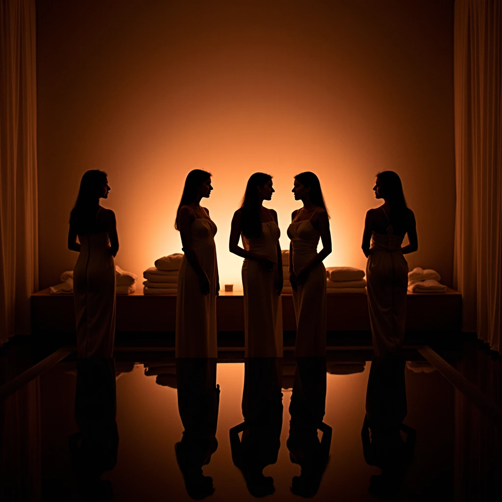 Four sensual masseuses in a massage room with red lights