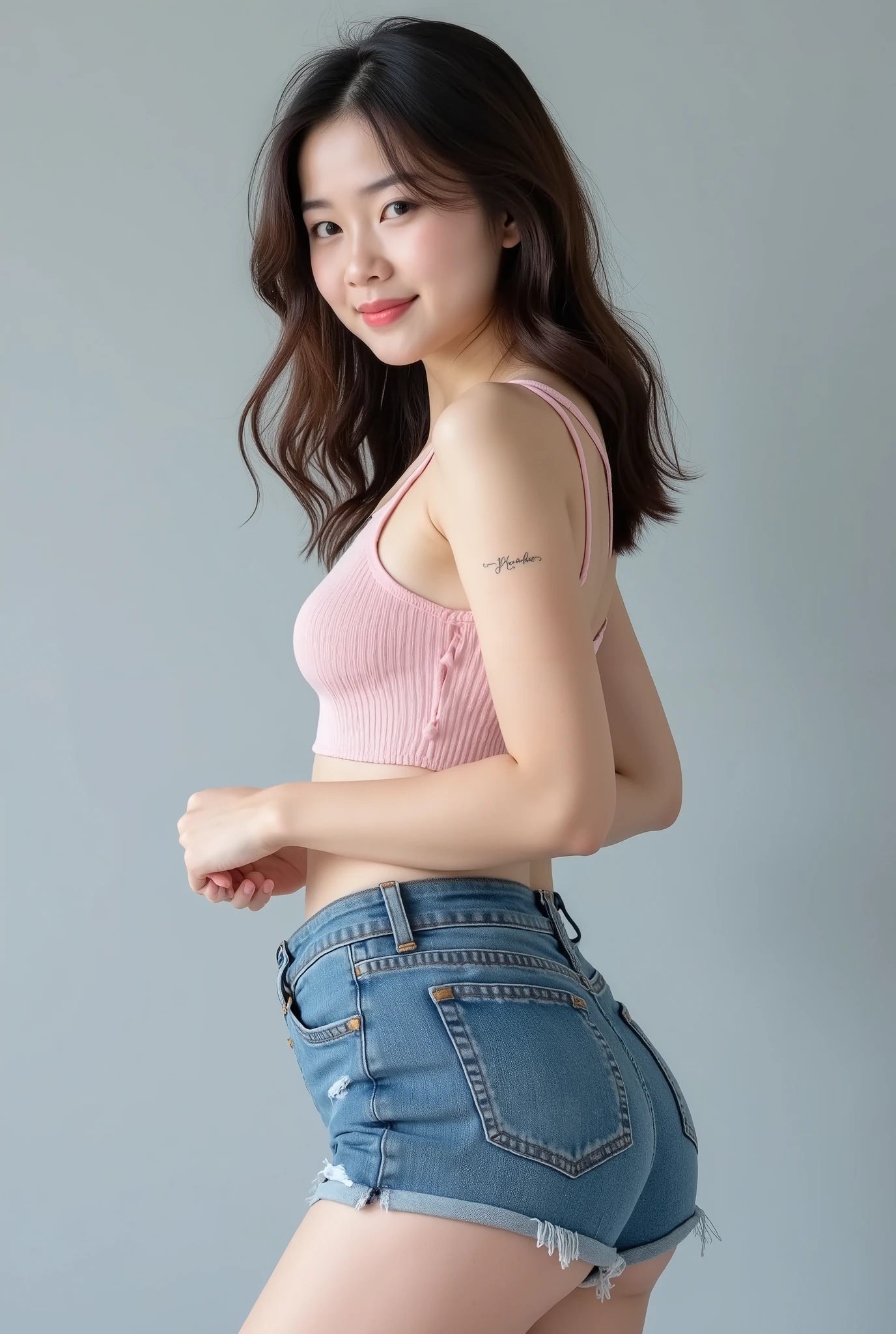korean school girl 18 year old girl, studio lighting,  grey background, smiling shyly, blushing, facing camera. Dressed in a crop top and denim shorts, pear shaped figure. Thighs visible.  Big butt((best quality)), ((masterpiece)), (detailed), 1girl