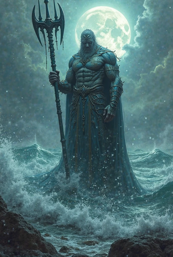 the aspect of this image will be dark, as if it were something scary, a wave in the background of a shadow in front holding a trident of exu, on the chest of this shadow should be the scratched point of exu maré