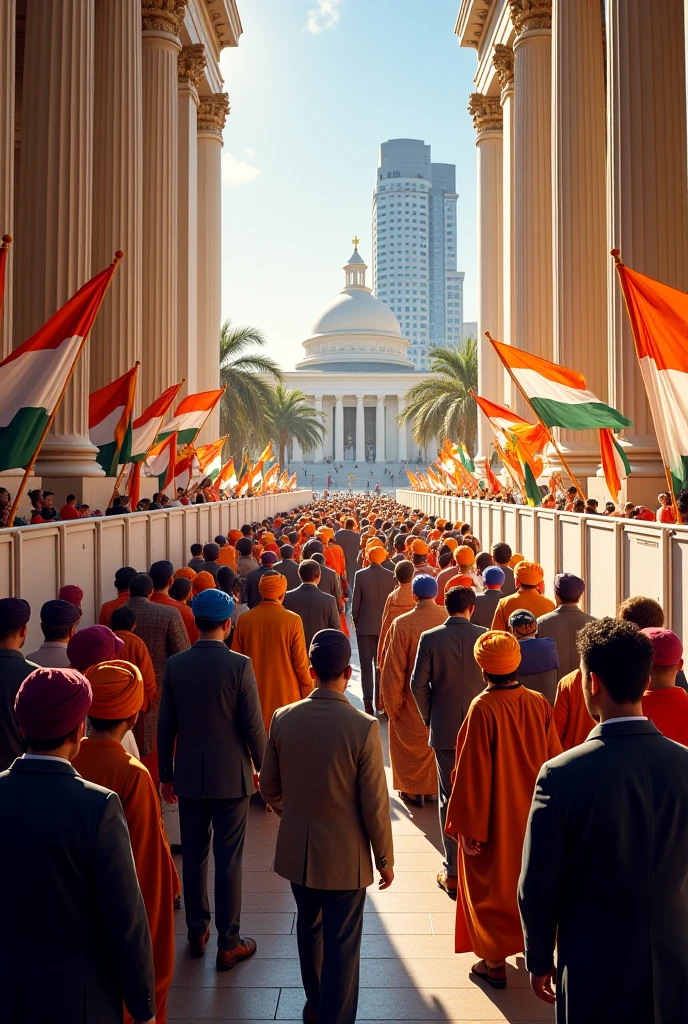 Merdeka ceremony in malaysia, with multiple race malay, chines and indian. Many flag of malaysia as background.