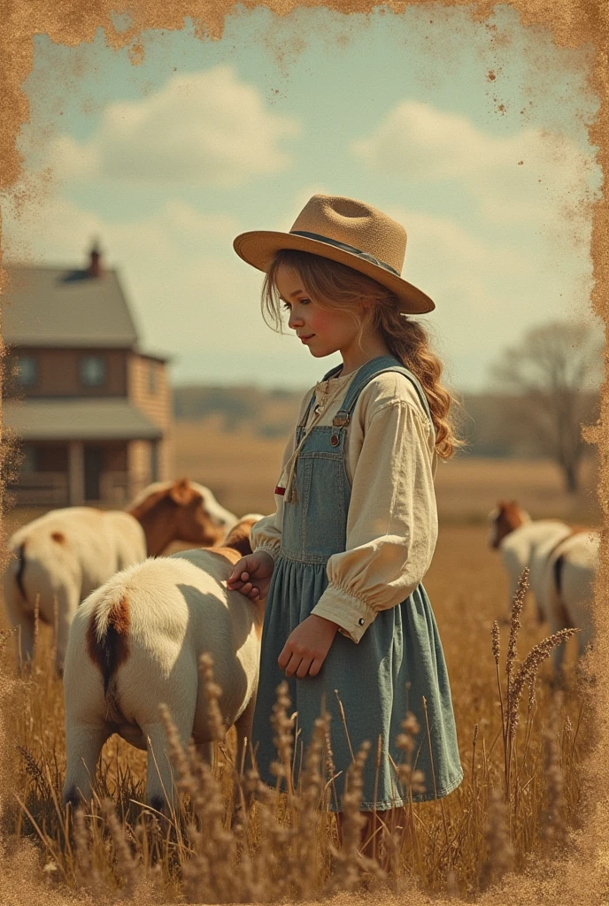 Russian style, children girl, portrait, long red hair of braids with hat, farmer style, with rolls of hay and wheat and horse, barns.