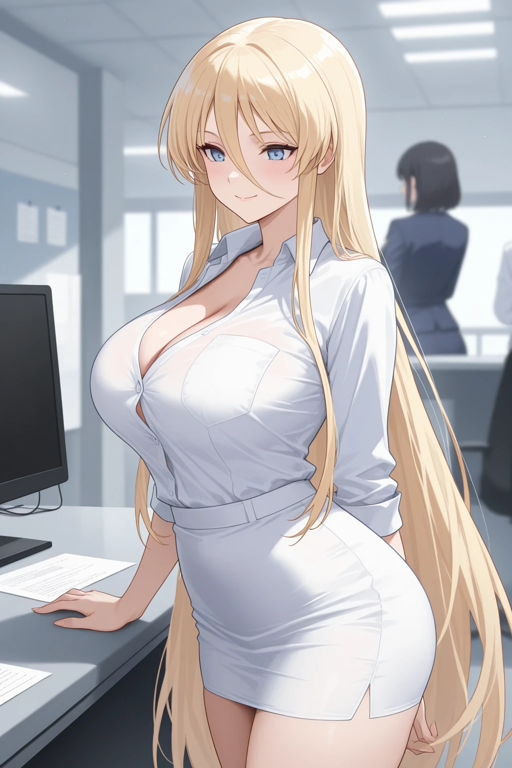 ((masterpiece)), ((best quality)), (ultra-detailed), absurdres, extremely detailed CG unity 8k wallpaper, Official Art, Accurate describe shapes, beautiful face, detailed hands, expressive eyes, upper body, looking at viewer, (realistic), cowboy shot, solo, (office, dramatic light,scenery, illustration:1.1), (standing, dynamic pose, smile:1.2), (1girl, mature female, milf, motherly, gigantic breasts, curvy, wide hips, narrow waist, blonde hair, long hair, blue eyes, office lady, forehead:1.4), (white blouse, black pencilskirt, cleavage, red lips:1.3), ,((masterpiece)), absurdres, HDR, <lora:MatureFemaleLoCon:0.7> <lora:GoodHands-beta2:1> <lora:epi_noiseoffset2:0.7>